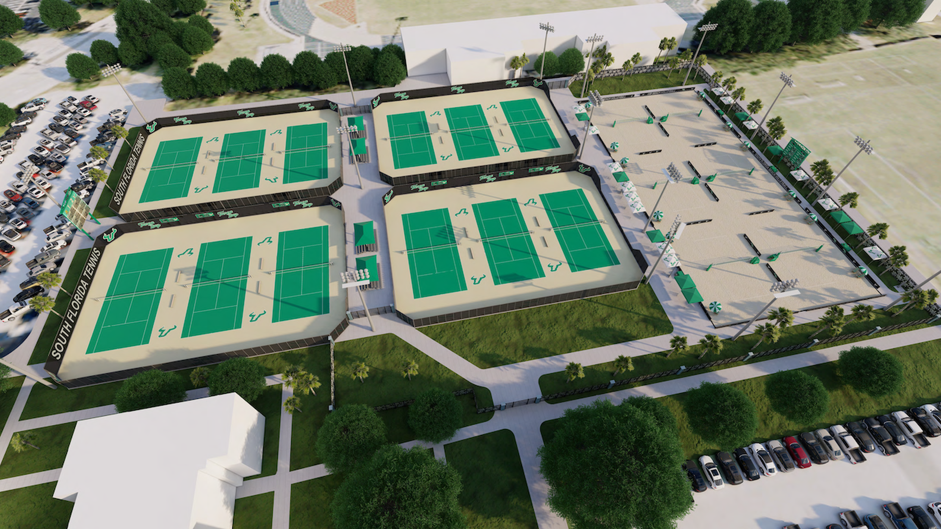 Aerial view of South Florida Tennis complex with eight green tennis courts and an adjacent sandy practice area, surrounded by trees, parking lots, and pathways.