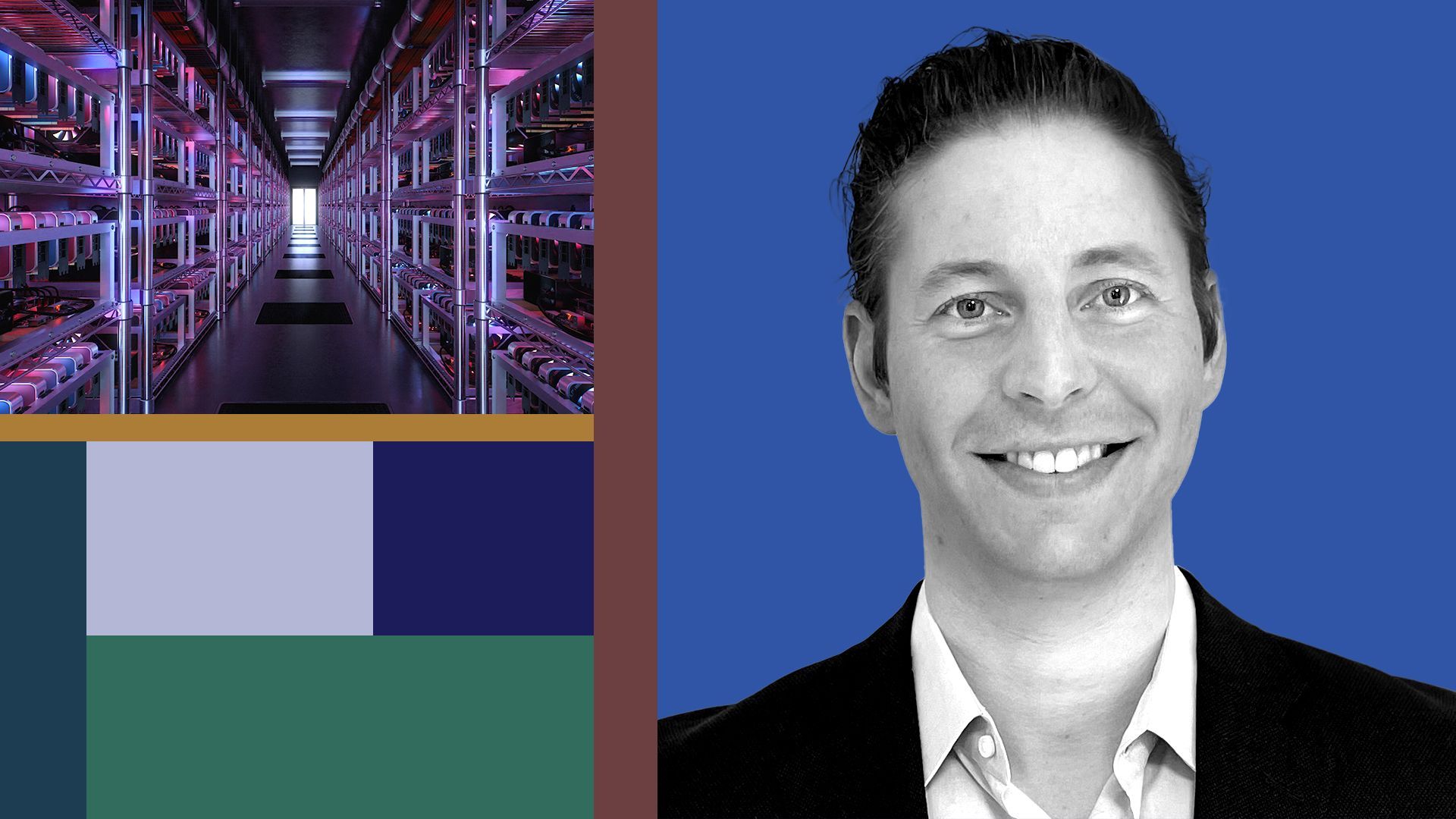 Photo illustration of Brian Rudick with geometric shapes and a photo of a bitcoin mining operation.