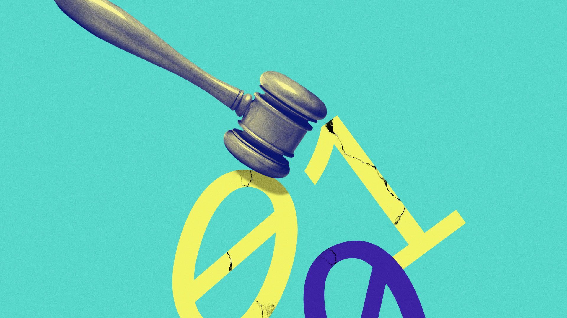 Illustration of a gavel cracking 0’s and 1’s binary