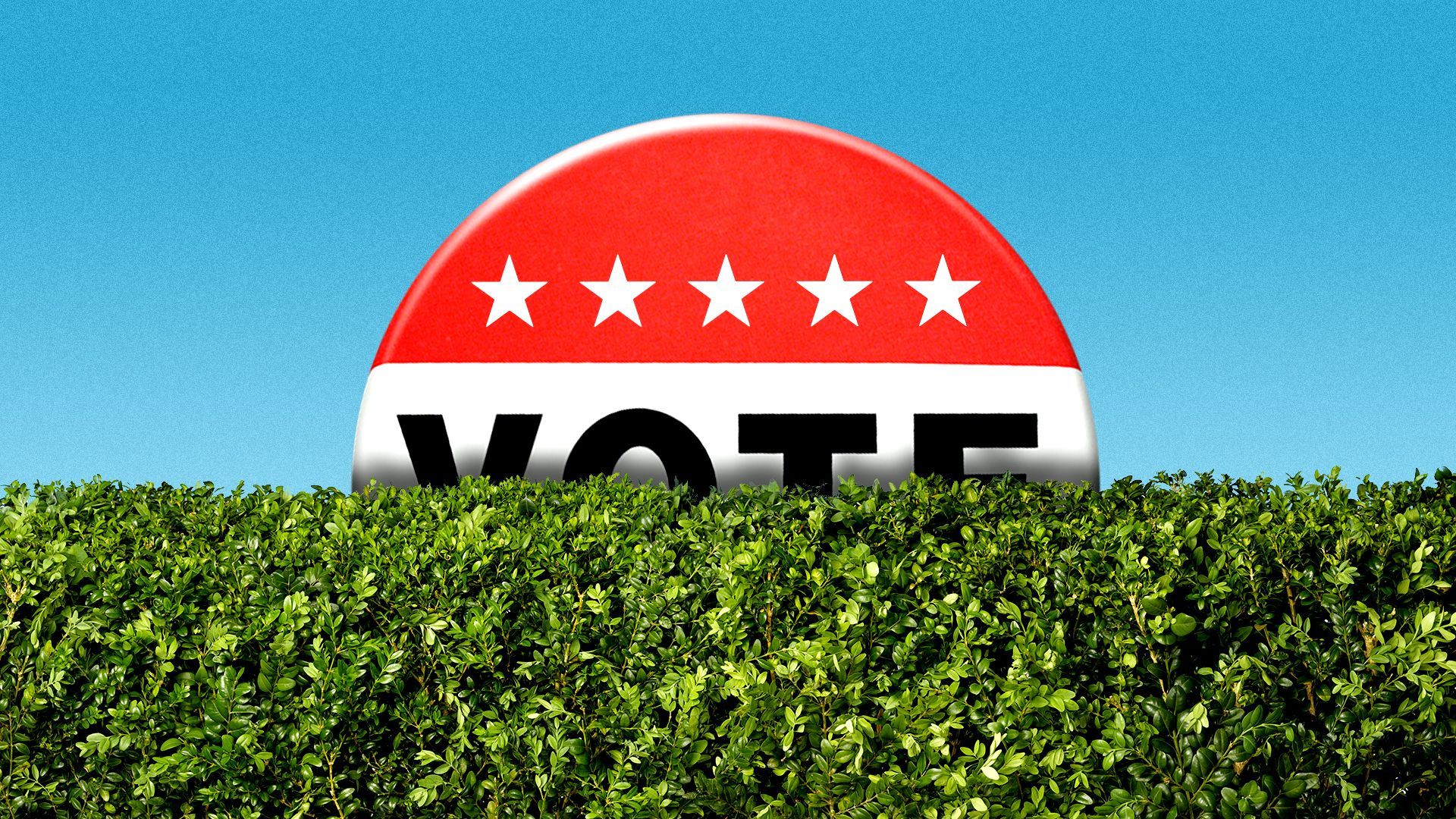 Illustration of a VOTE pin hiding behind hedges
