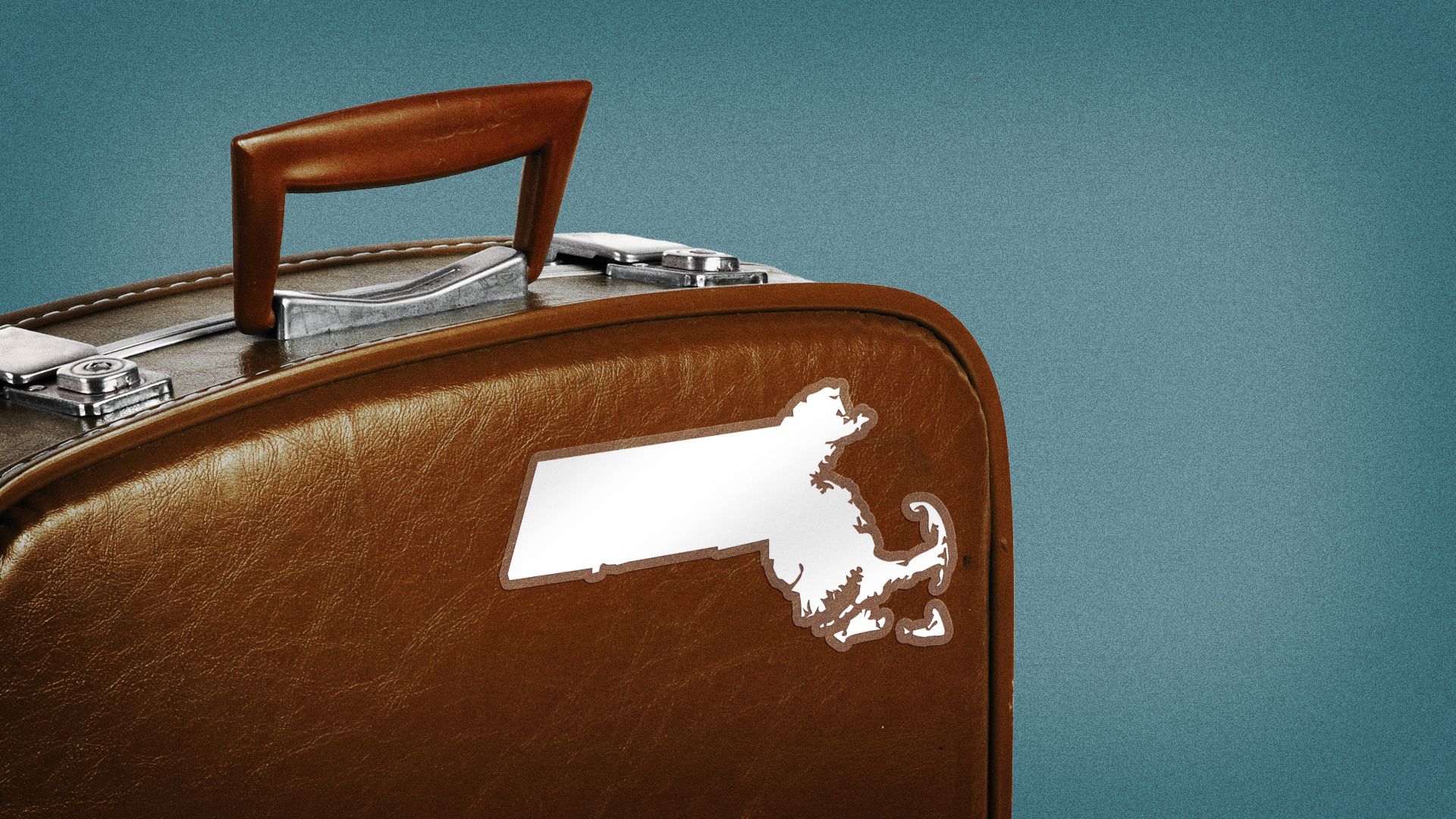 Illustration of a suitcase with a sticker shaped like Massachusetts. 