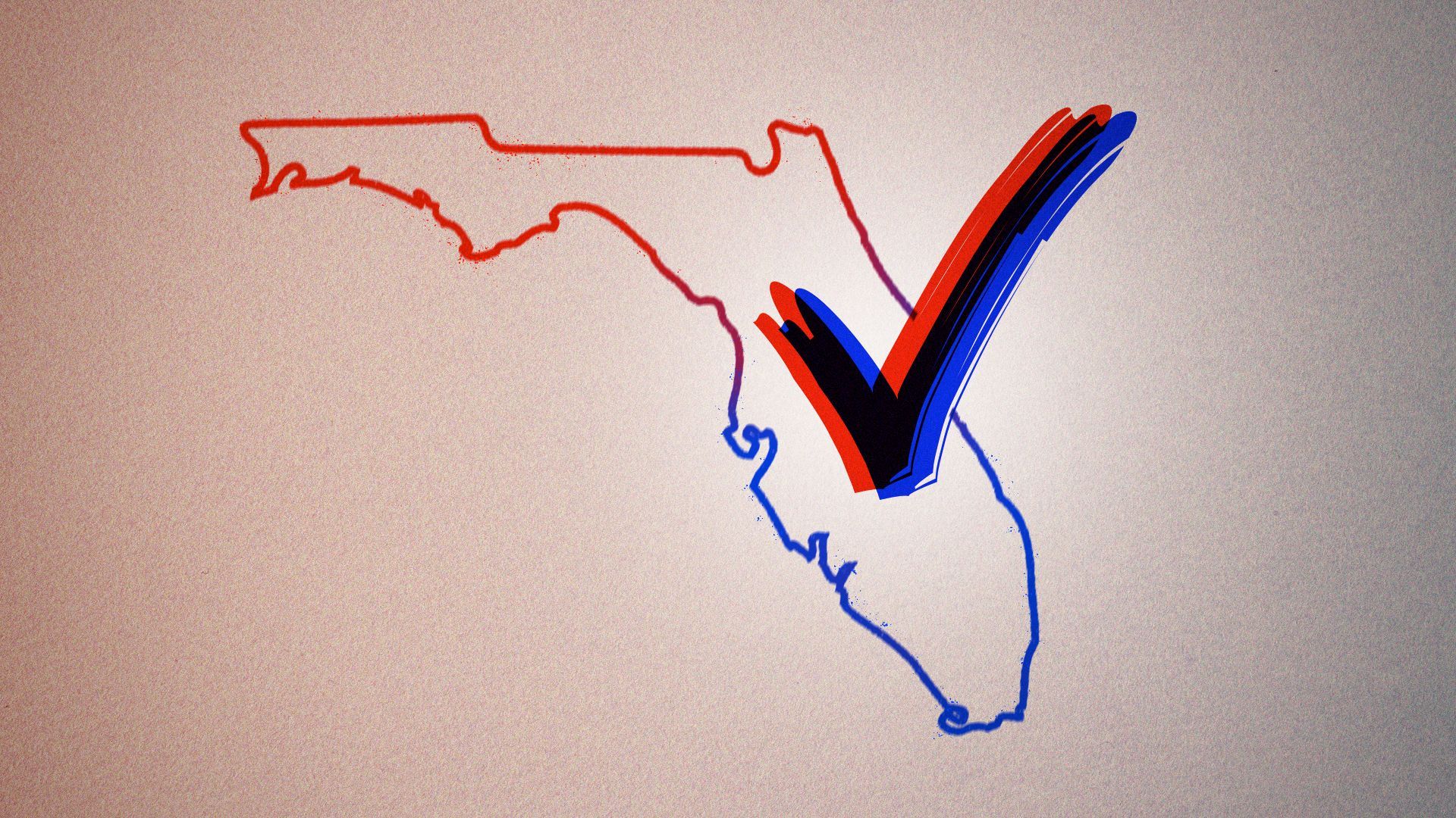 Illustration of a red and blue check mark in the center of an outline of the shape of Florida.