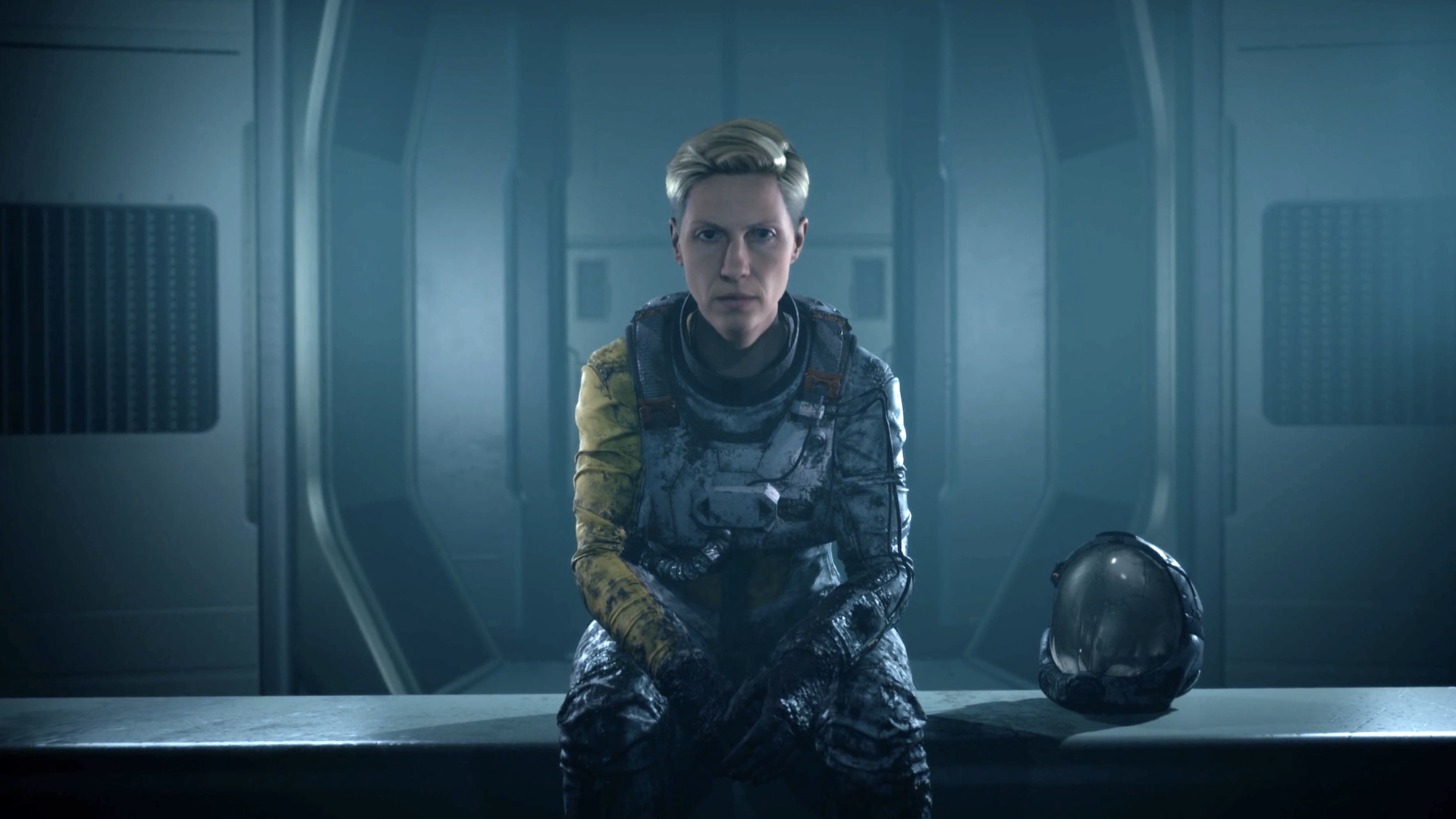 A futuristic astronaut sits on a bench, looking weary but ready for a fight.