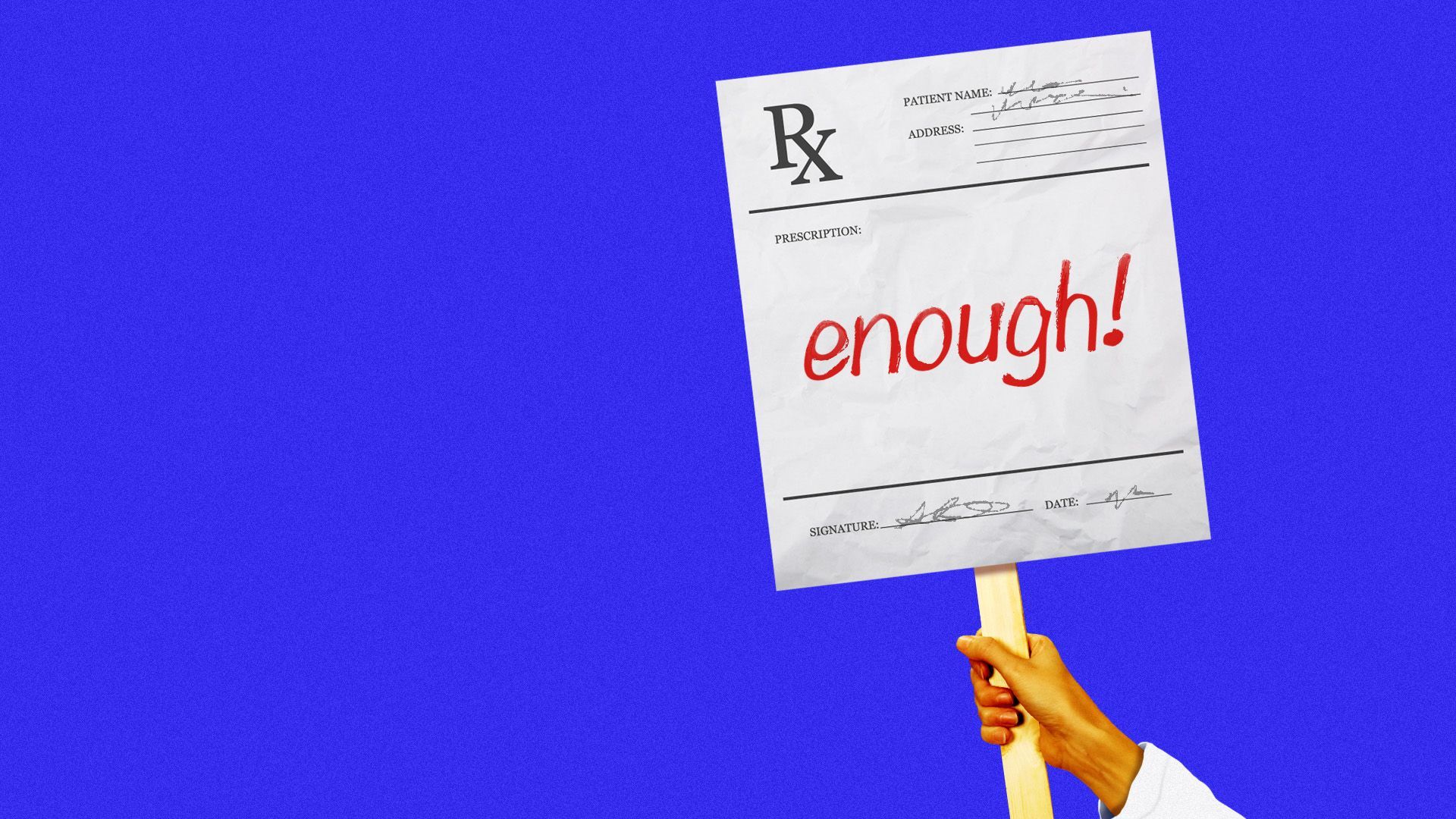 Illustration of a pharmacy worker holder a protest sign in the shape of a prescription that reads "enough!"