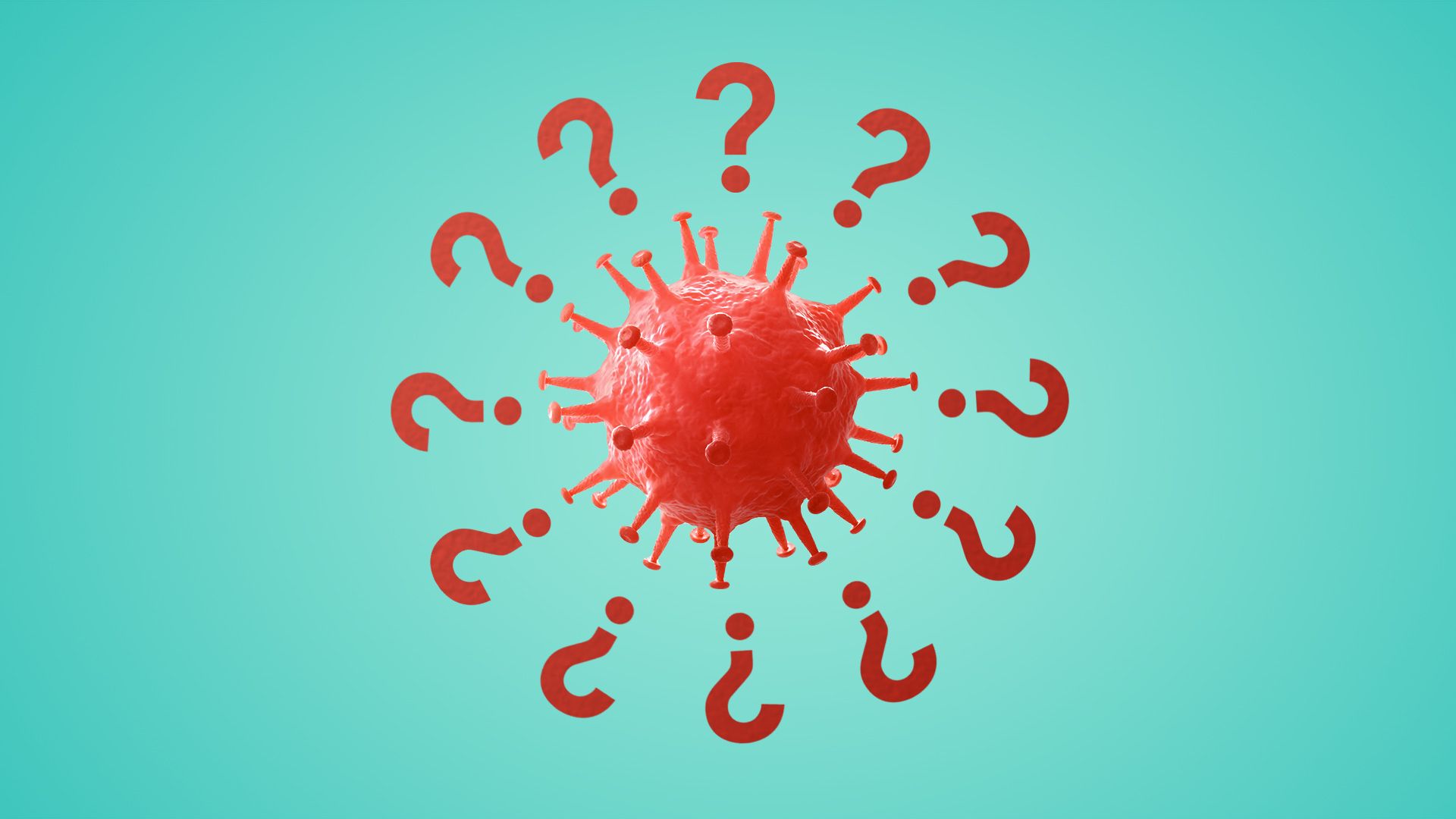 Illustration of a virus cell surrounded by question marks