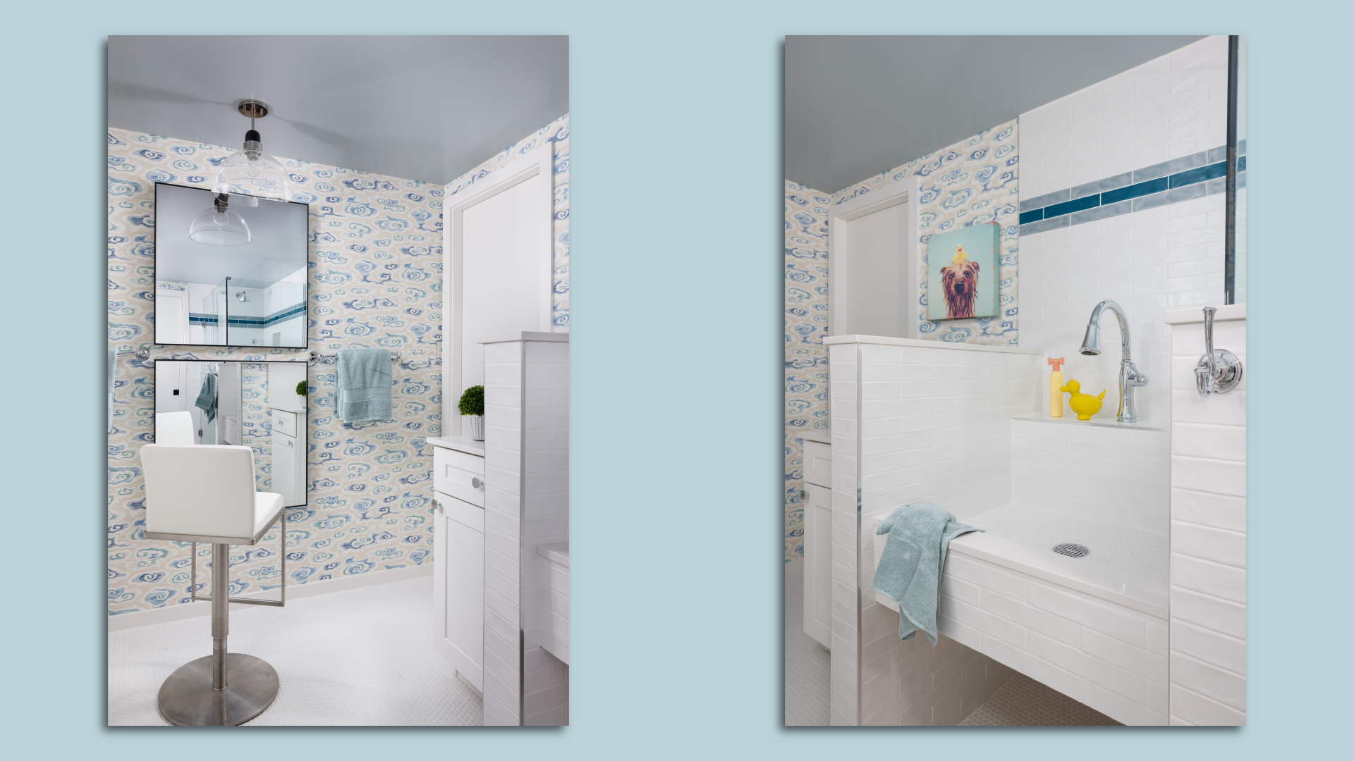 Two side-by-side images of a salon chair facing a mirror and a large sink for washing dogs.