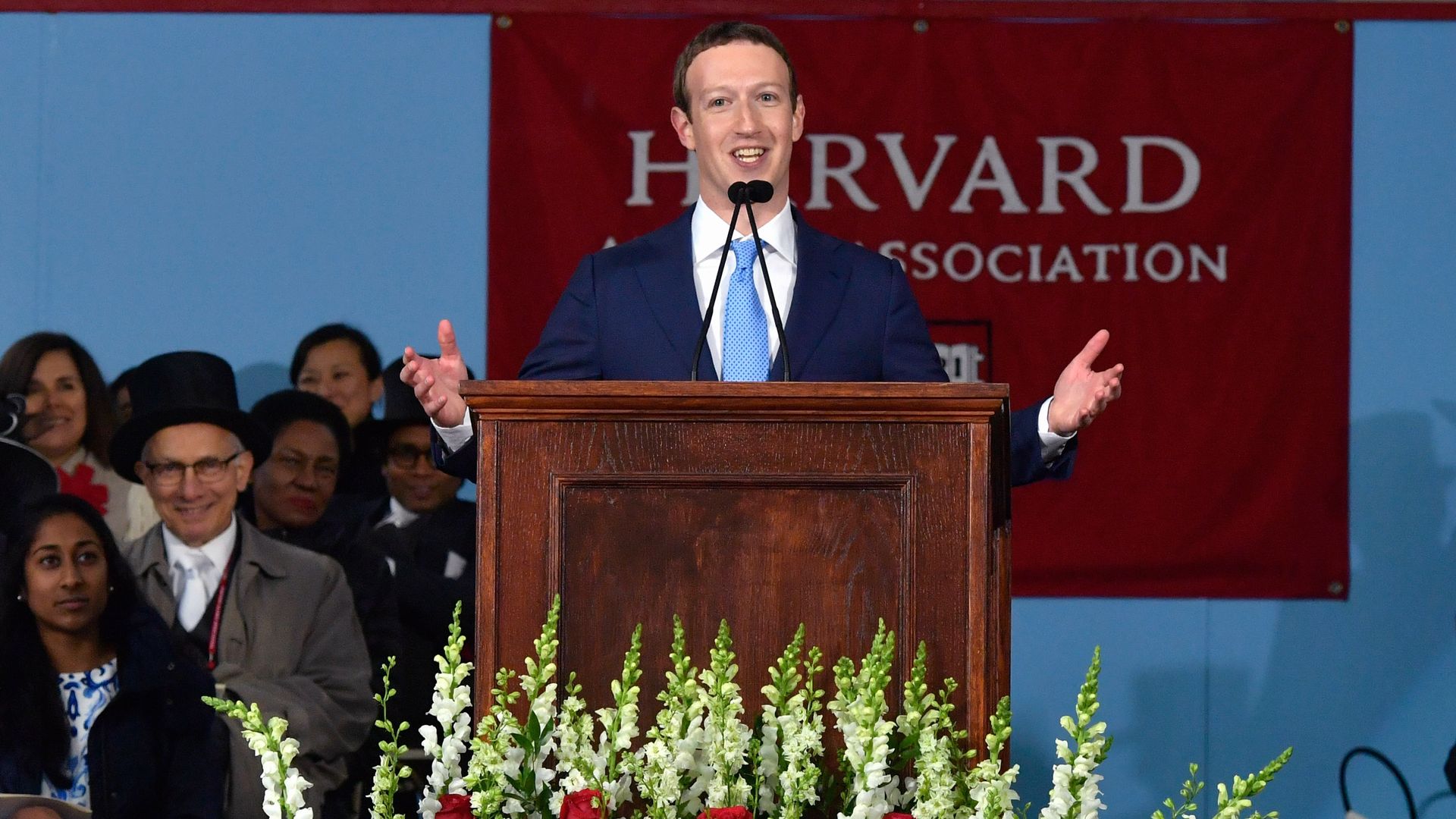 Mark Zuckerberg gives a speech at Harvard