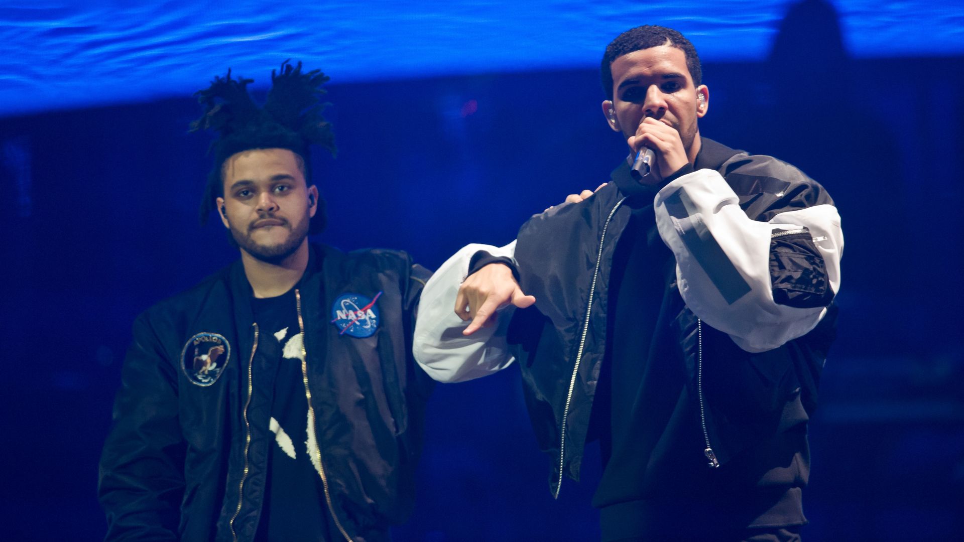  The Weeknd and Drake performs on stage at O2 Arena on March 24, 2014 in London, United Kingdom.
