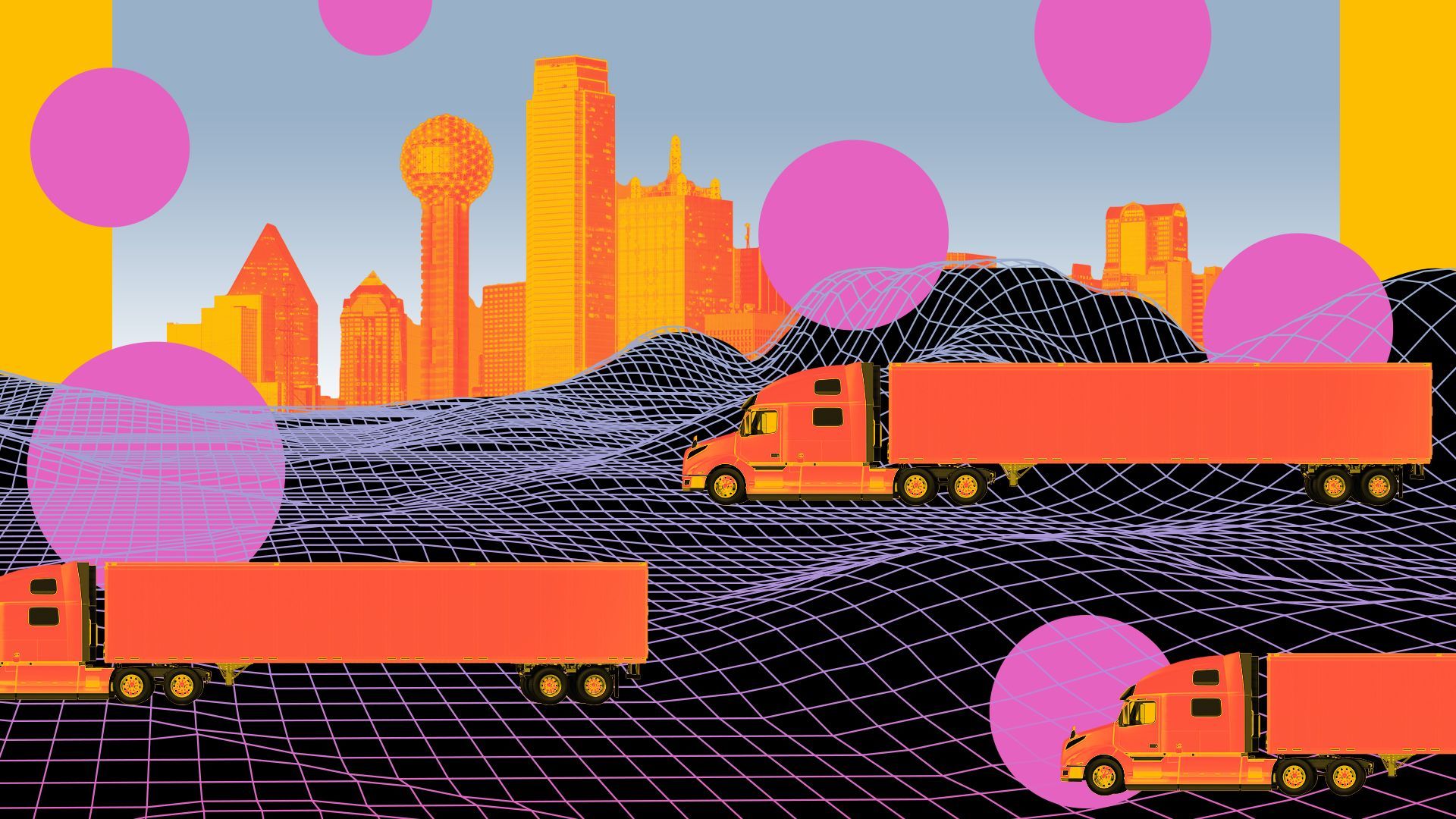 Illustration of the Dallas skyline with tractor trailer trucks and various shapes in the foreground
