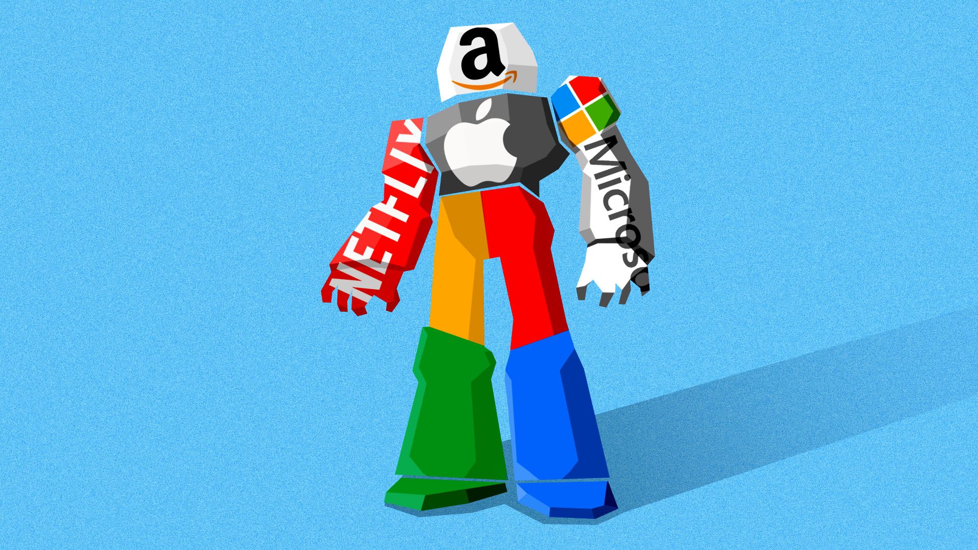 Illustration of a giant robot made up of the logos of big tech companies