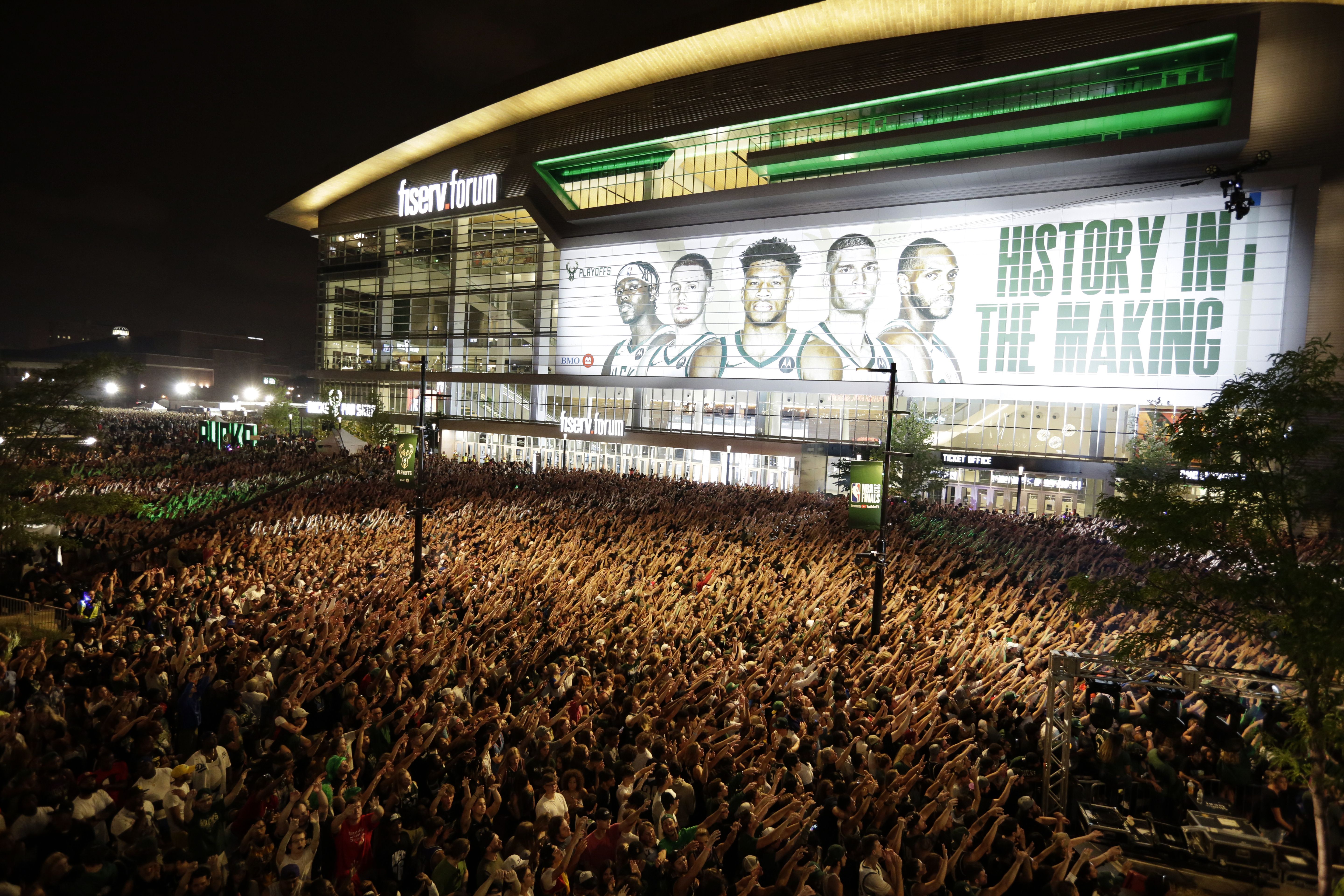 crowd outside Fiserv Forum after the Bucks won the NBA Finals