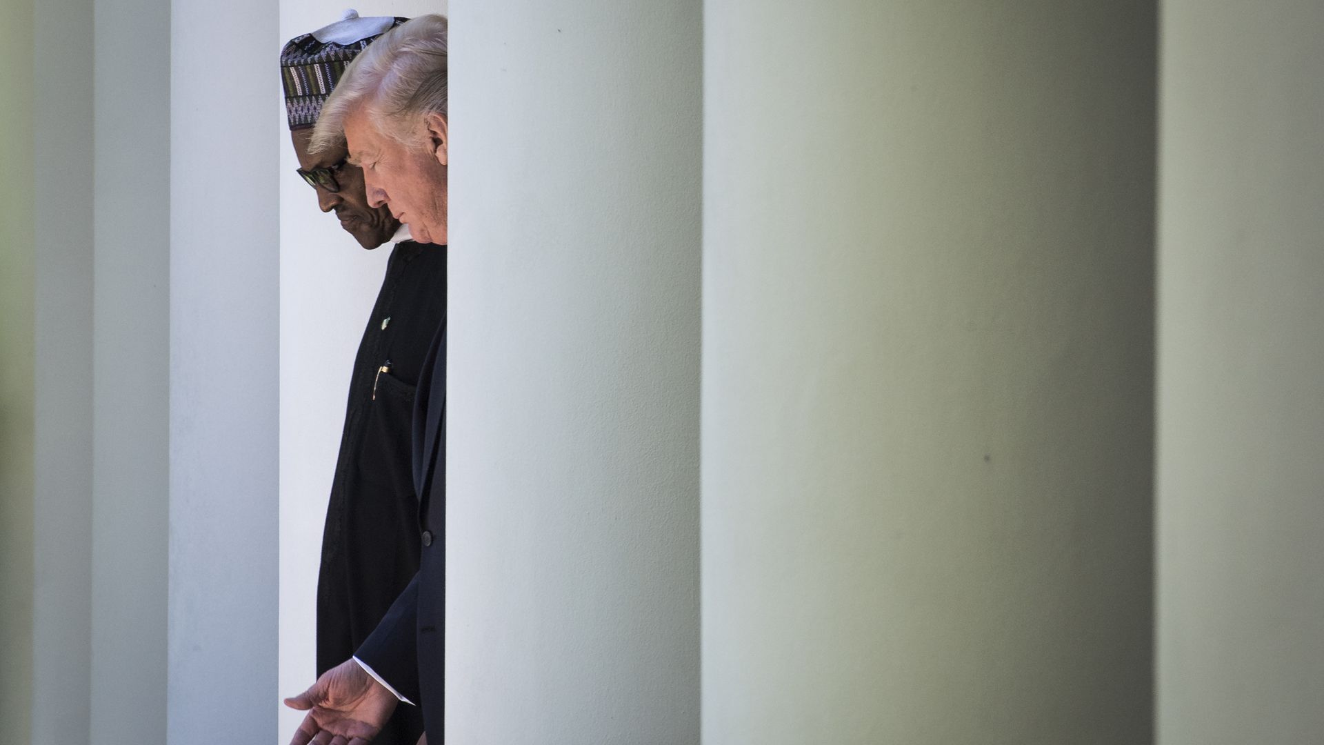 President Trump arrives with Nigerian President Buhari for a joint press conference in the Rose Garden at the White House on Monday, April 30, 2018.