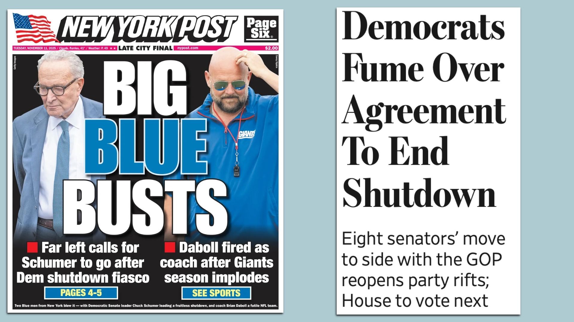 Two Murdoch views: Cover of today's N.Y. Post and lead story of today's Wall Street Journal.