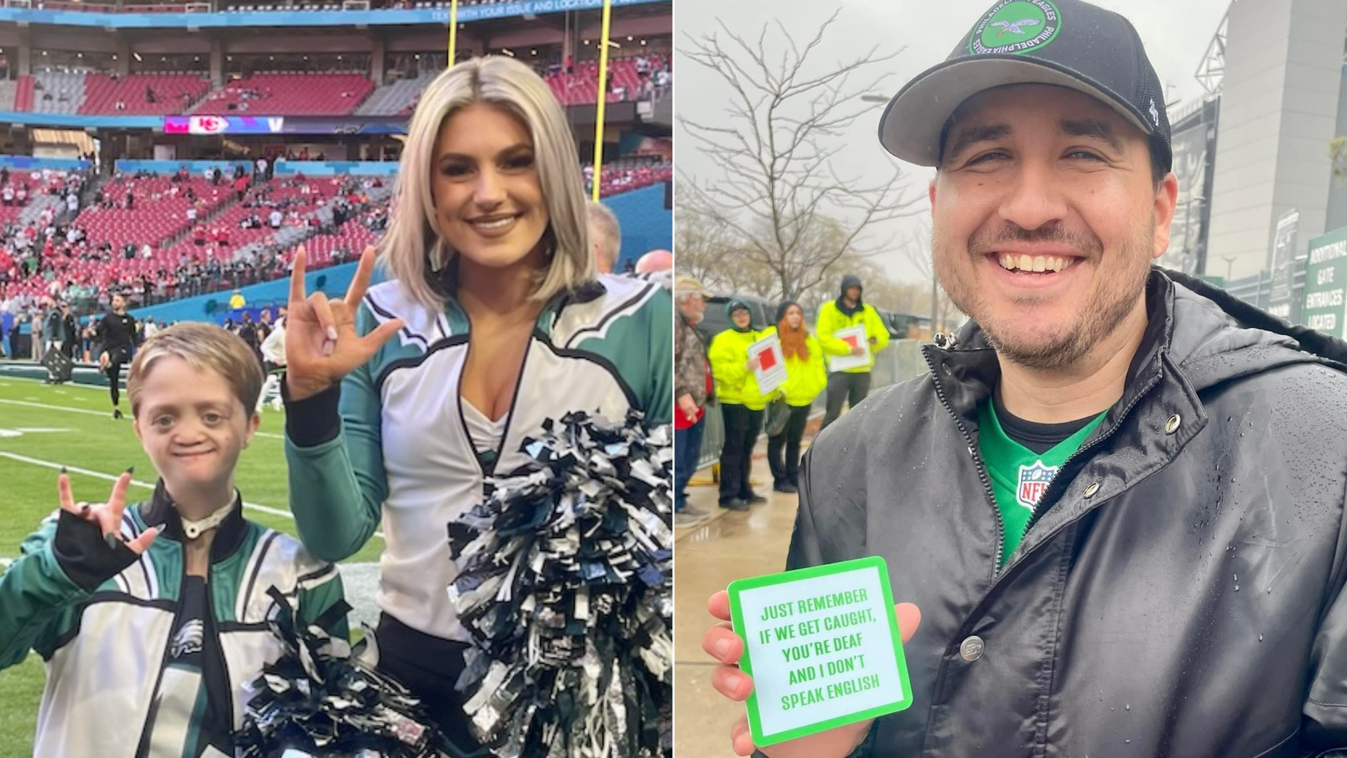 Kellirae, left, with Eagles cheerleader KelseyRae. On the right, Eagles fan Rick Santiago with his coaster.