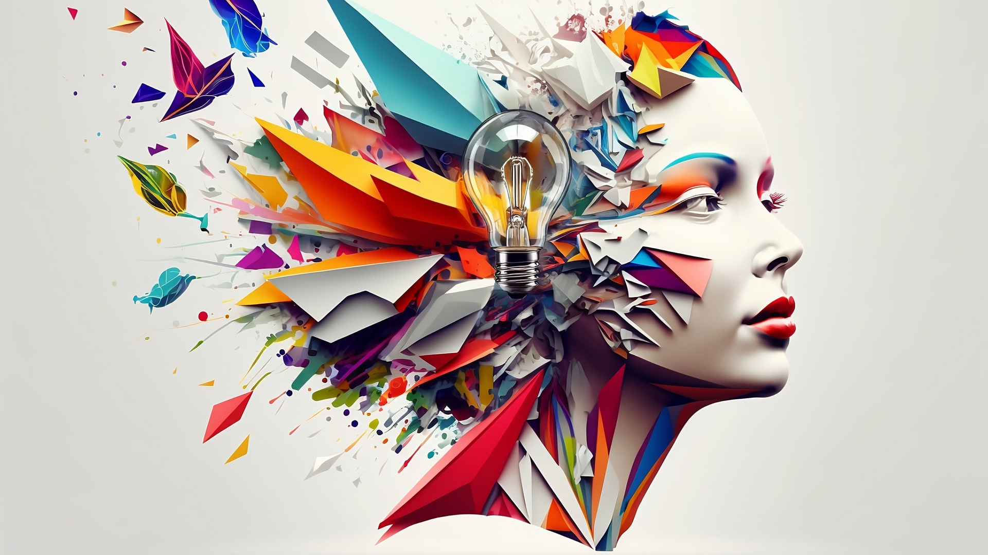 A colorful illustration of a woman's head and lightbulbs.