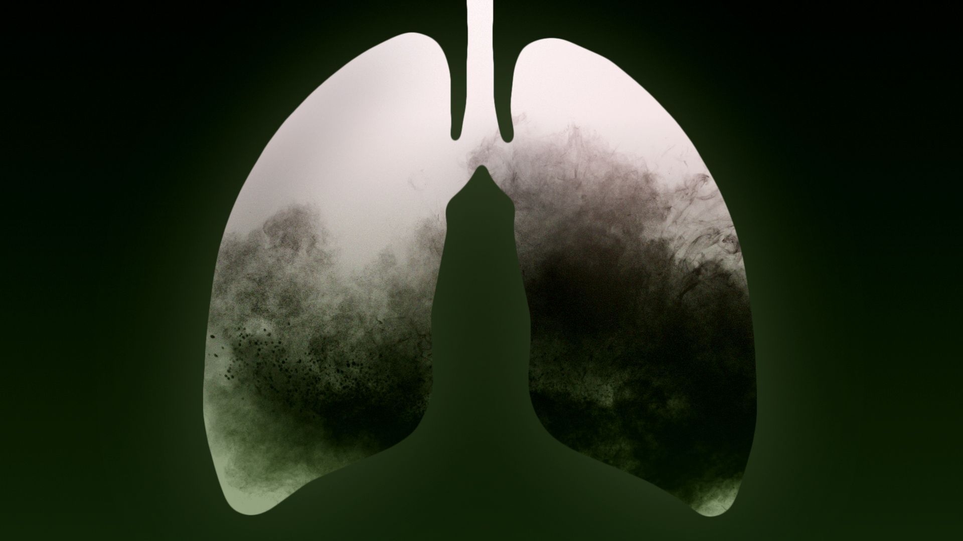 Illustration of a silhouette of lungs filled with green and black smogs and exhaust clouds