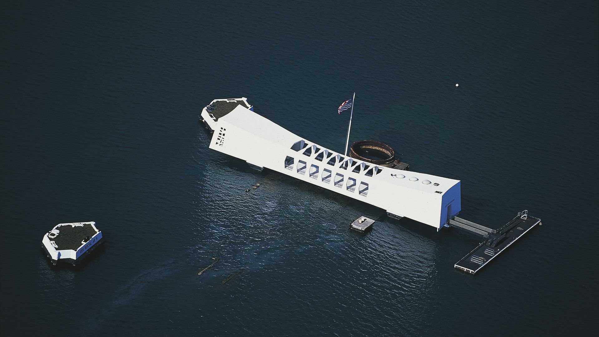 Aerial view of the USS Arizona Memorial.