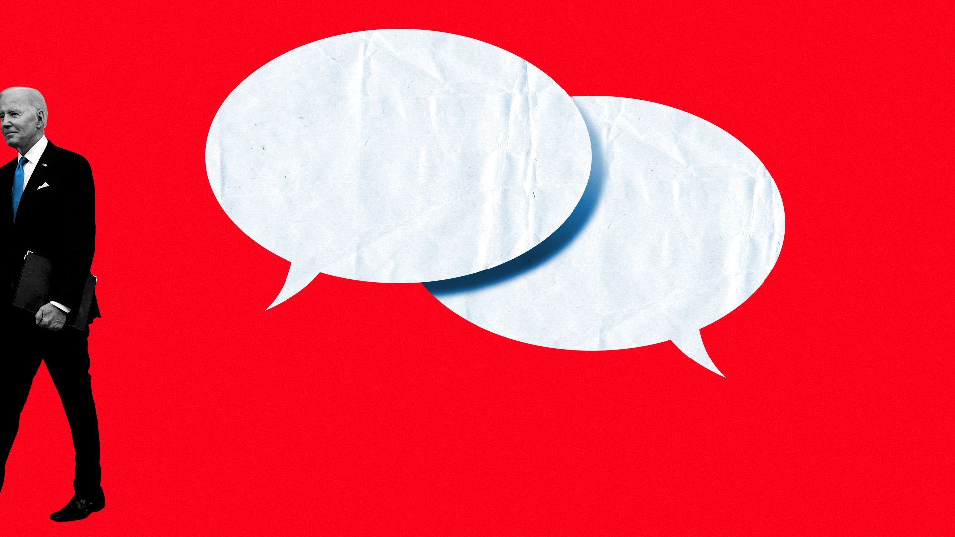 Illustration of President Biden exiting the frame of two overlapping speech bubbles 