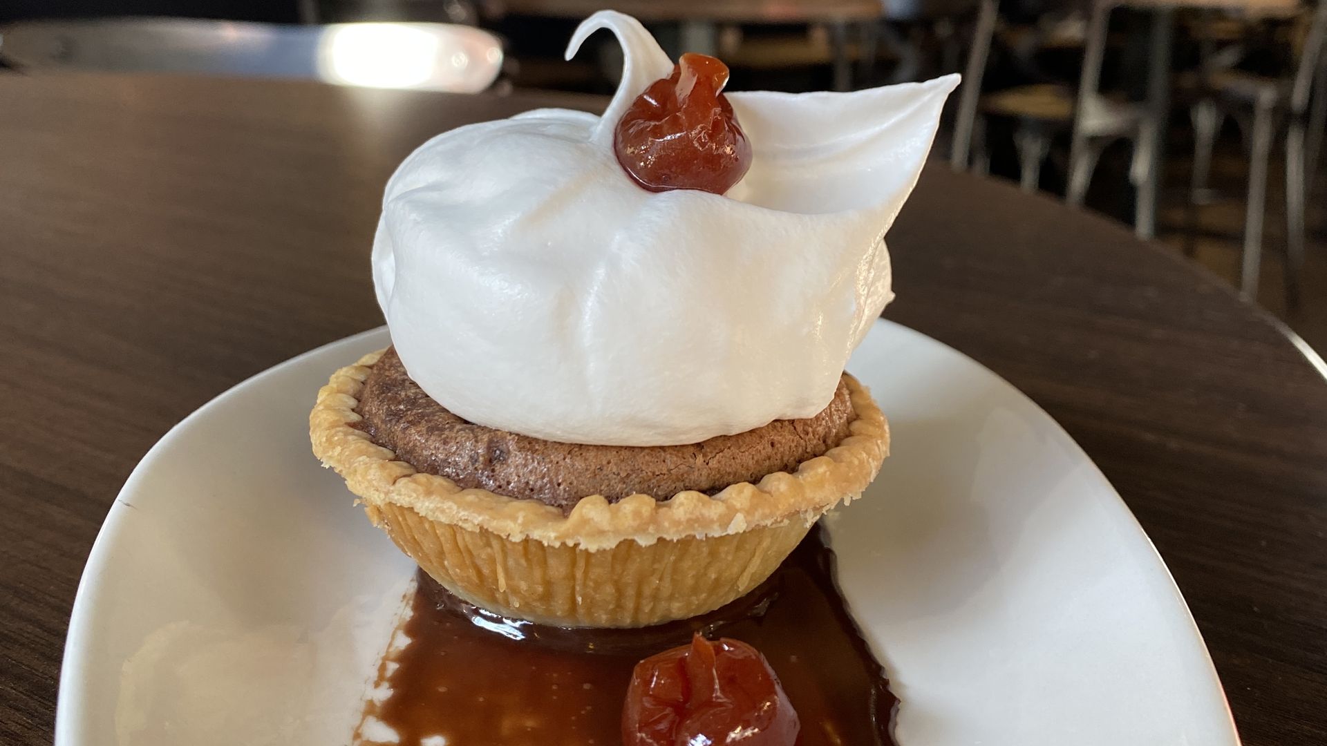 The chocolate pie at Kounter, a new restaurant in rock hill, with whipped cream on top