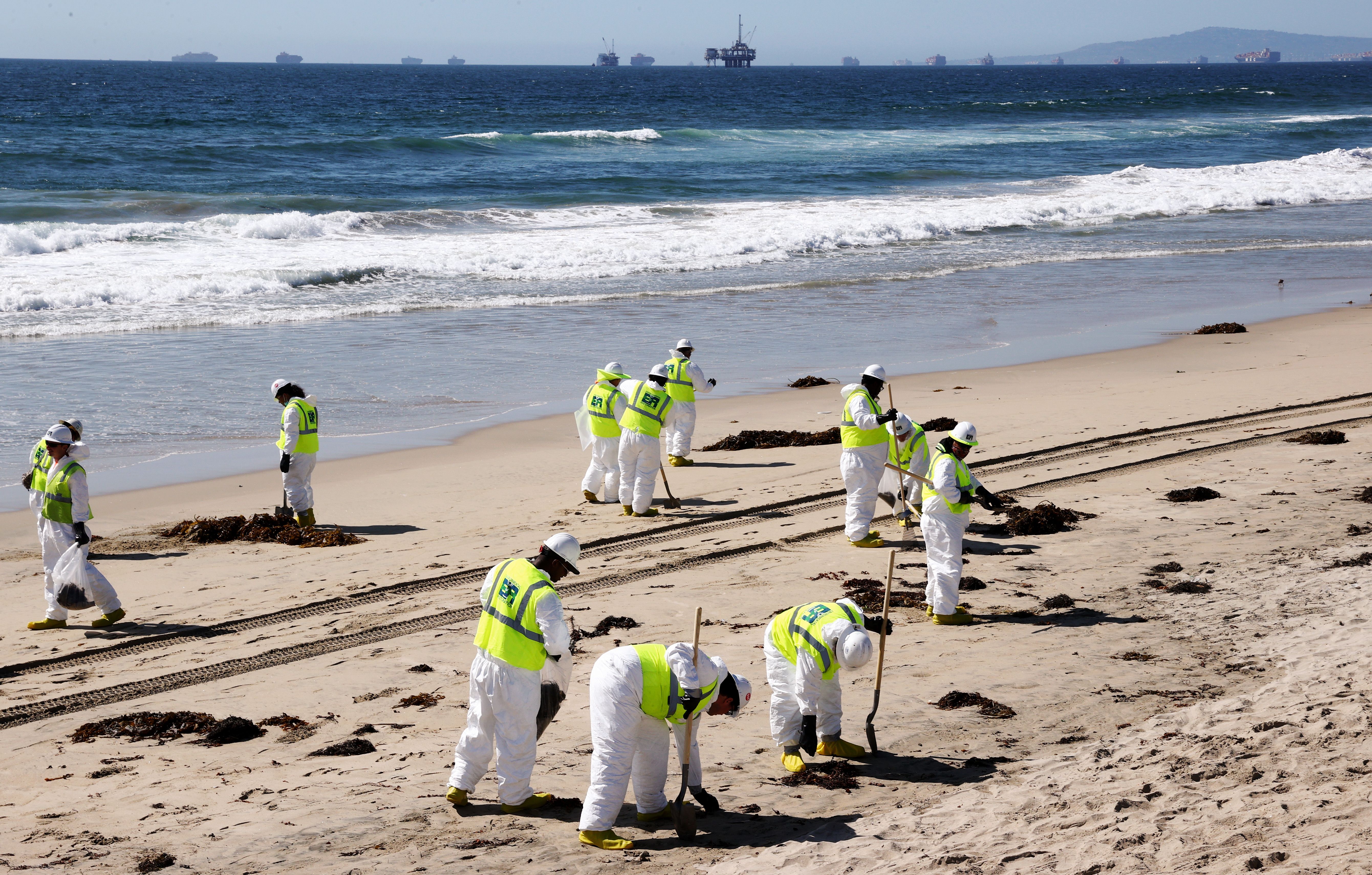 Cleanup workers combing Huntington Beach for any signs of oil on Oct. 9. 