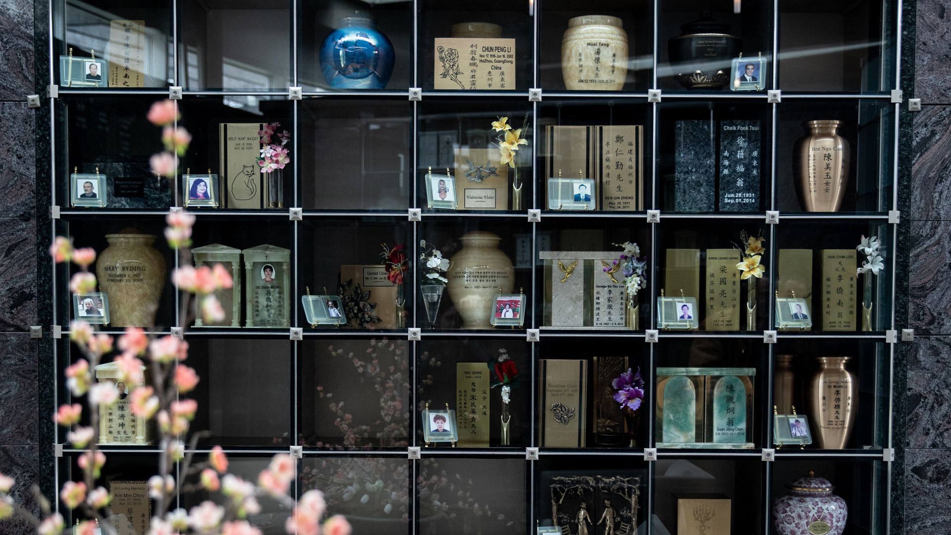 Image of urns and boxes inside the Tranquility Garden Columbarium in Brooklyn's Green-Wood cemetery.