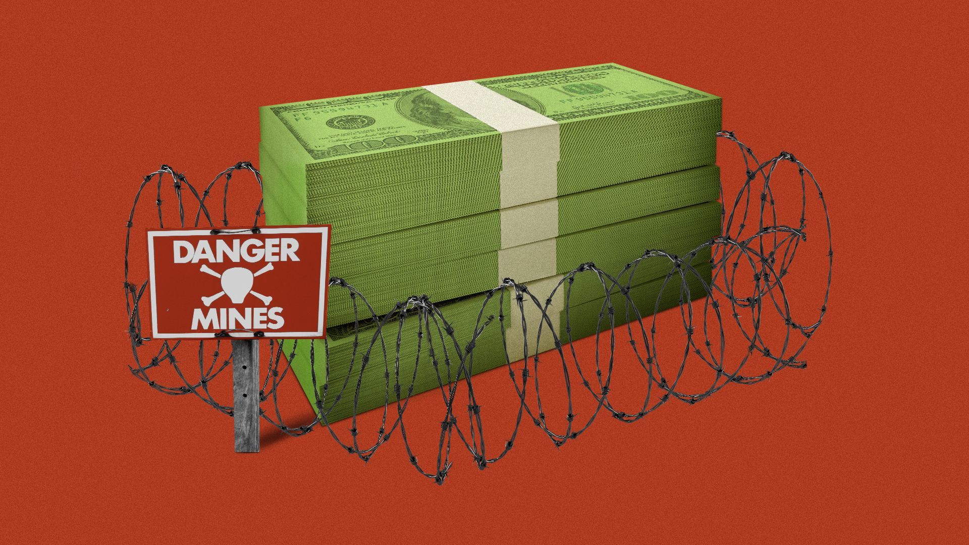 Illustration of a stack of money surrounded by barbed wire.