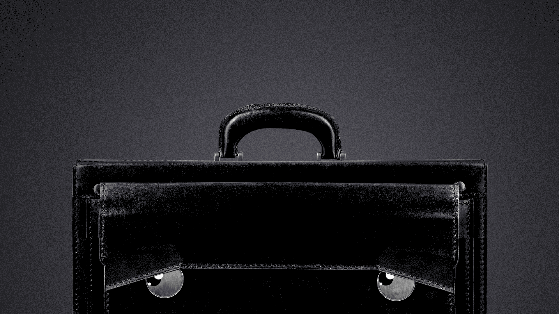 Animated illustration of a briefcase, with buckles as eyes, looking around nervously.