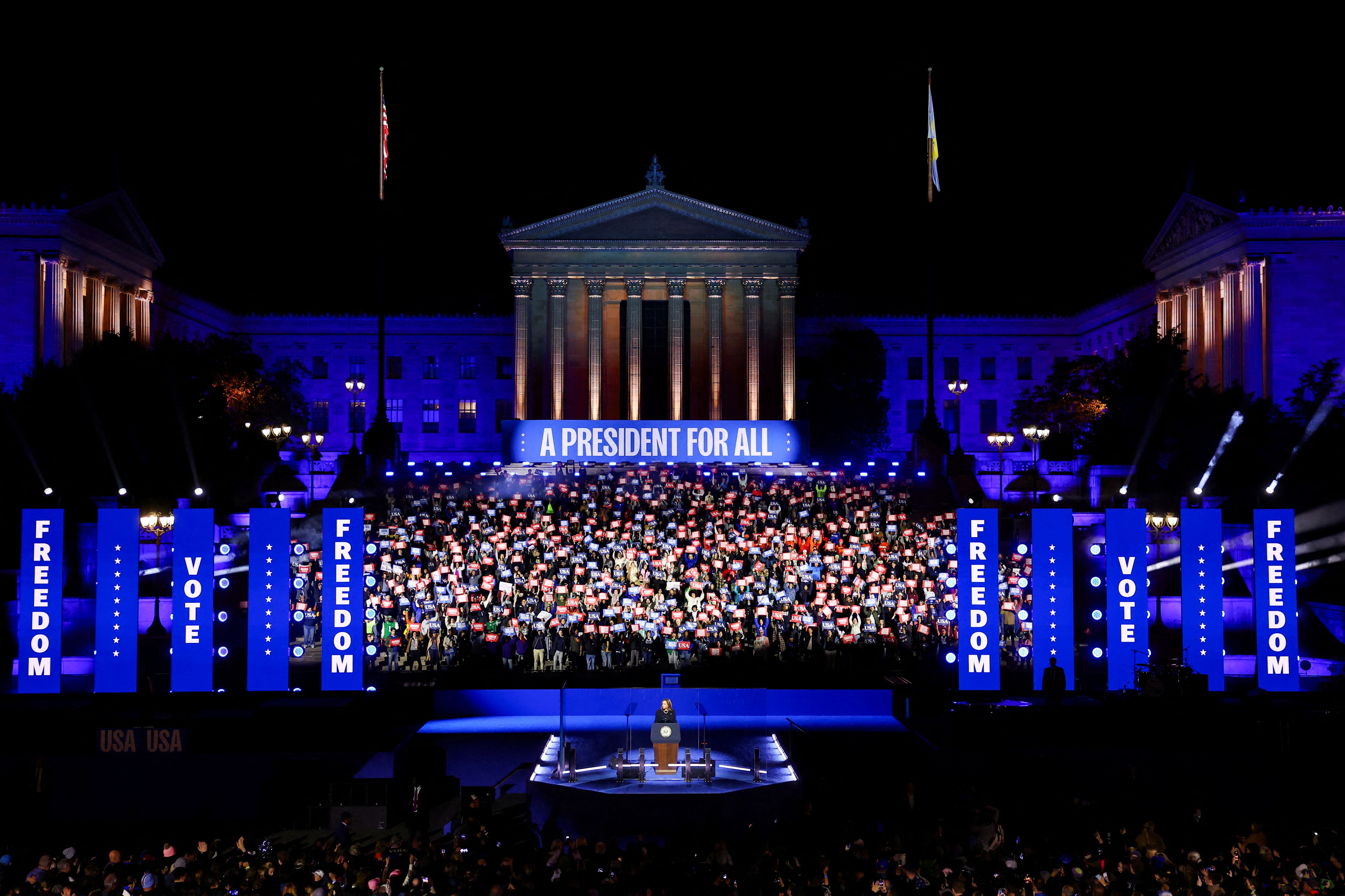 Democratic presidential nominee U.S. Vice President Kamala Harris speaks during a campaign rally in Philadelphia,