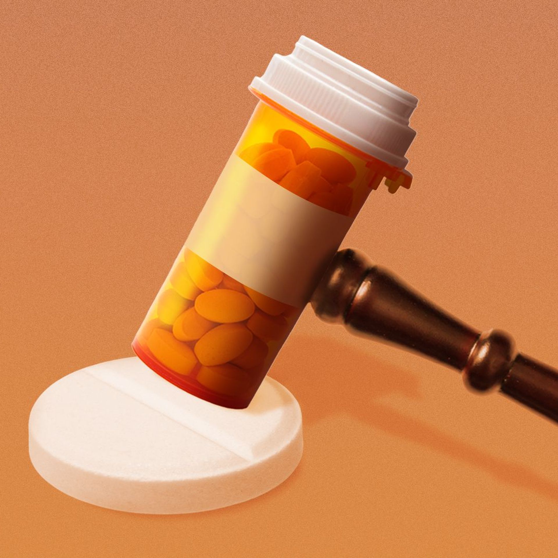 Illustration of a gavel made of a pill bottle, touching a gavel rest made of a white pill.