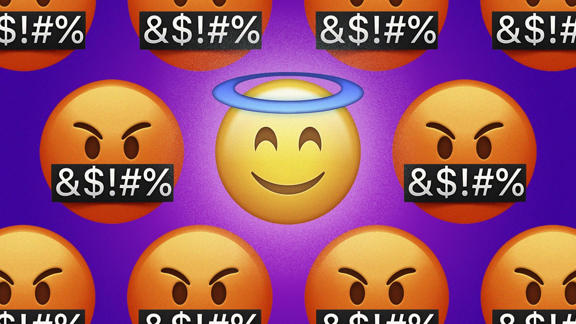 Illustration of an angel emoji, surrounded by angry emojis.