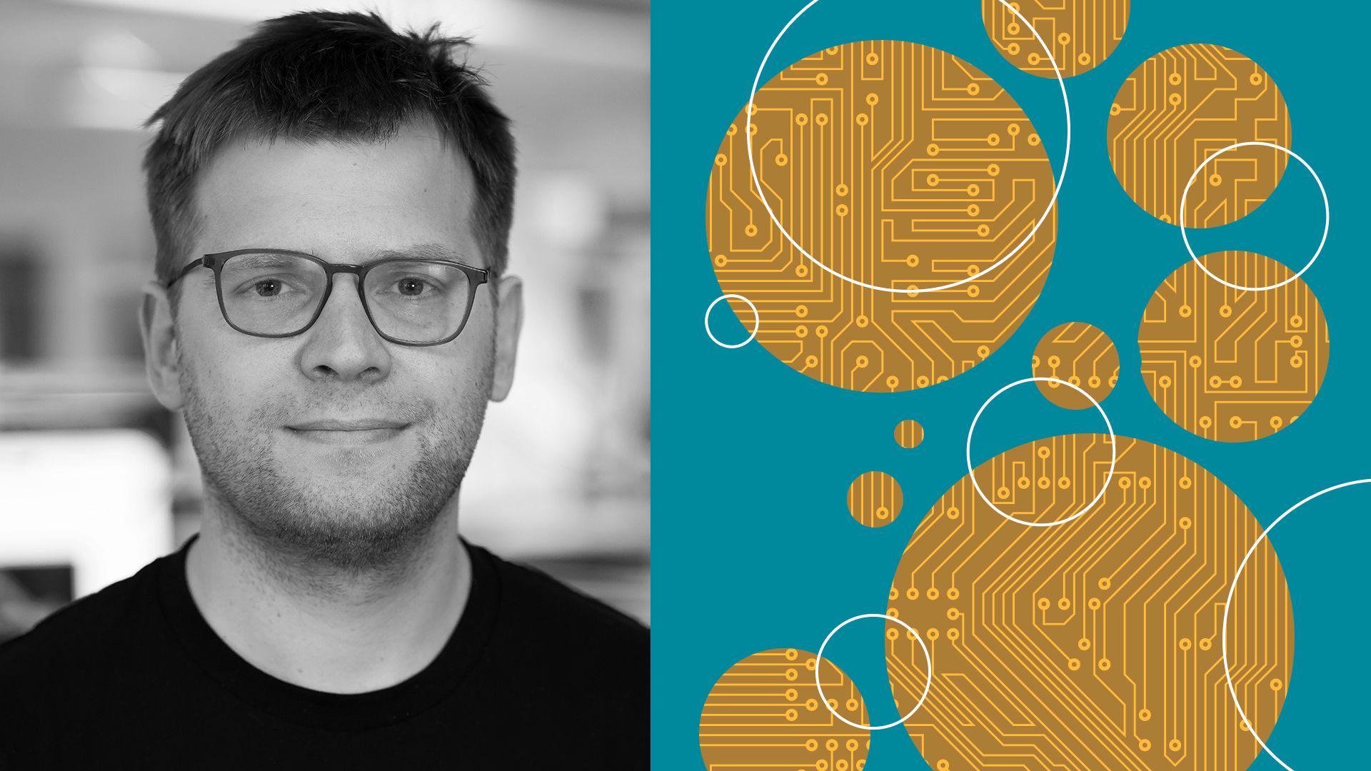 Photo illustration of Evgeny Gaevoy next to abstract circular shapes. 