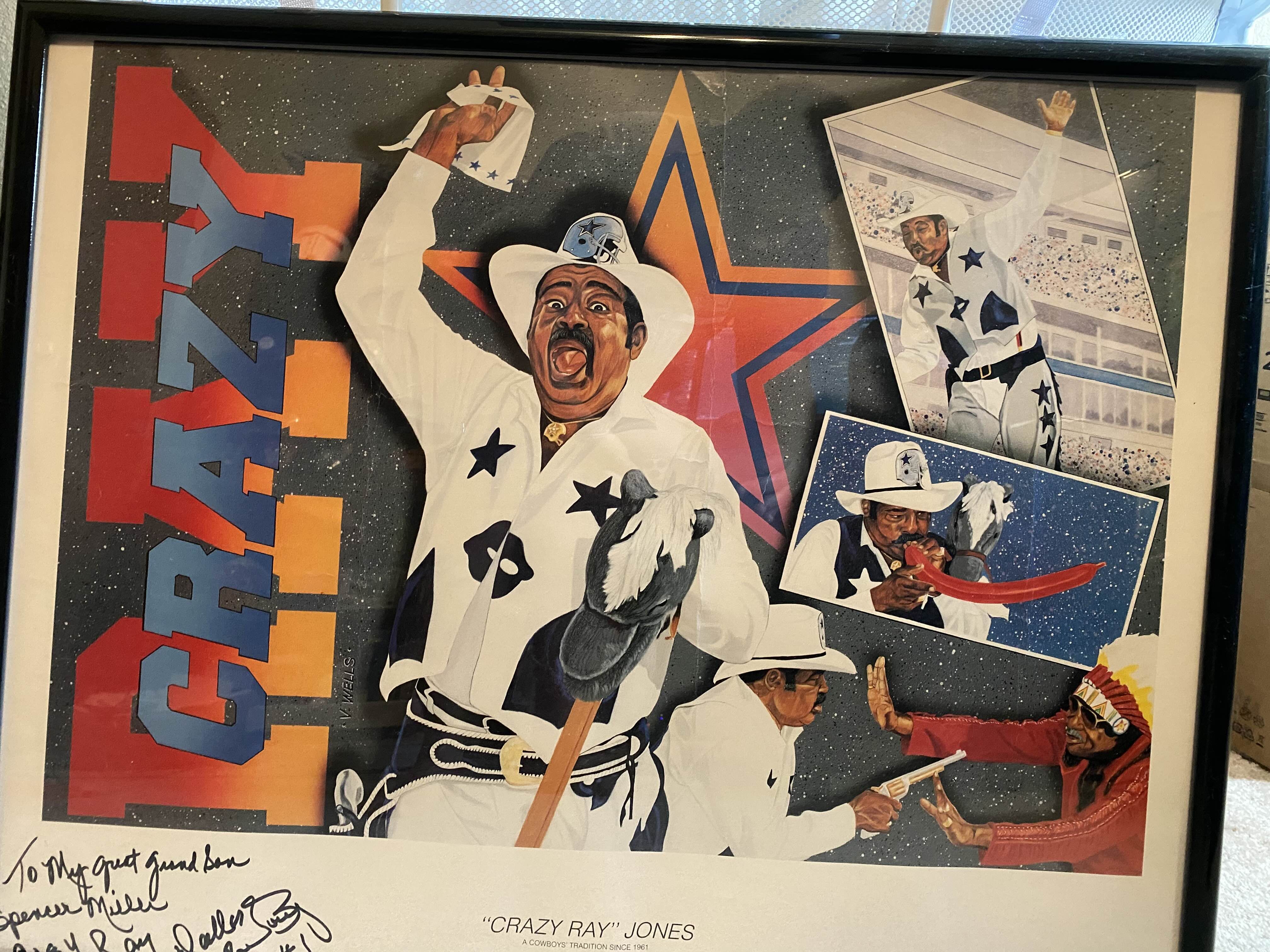 Colorful collage of "Crazy Ray" Jones in cowboy attire with a Dallas Cowboys star in the background, showing multiple action scenes including waving a white hat, blowing a balloon, and a playful duel.
