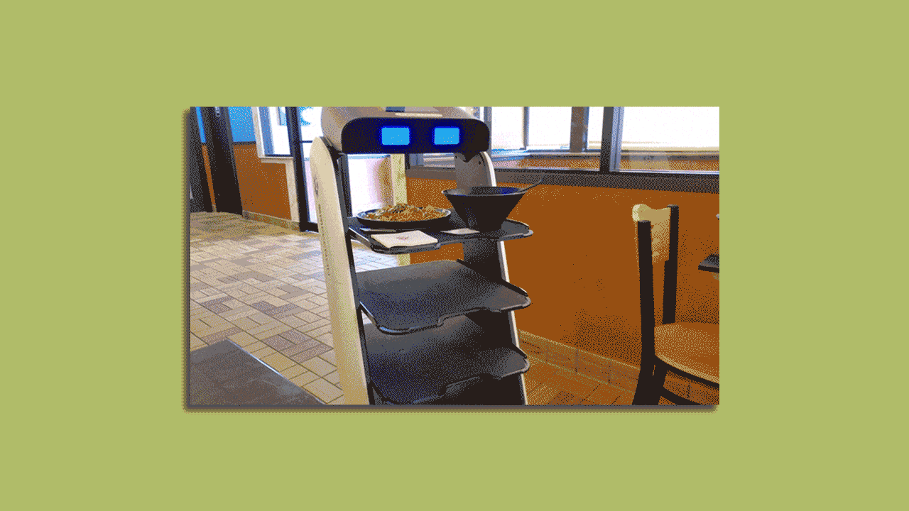 An animated gif of a robot waiter delivering food to a table