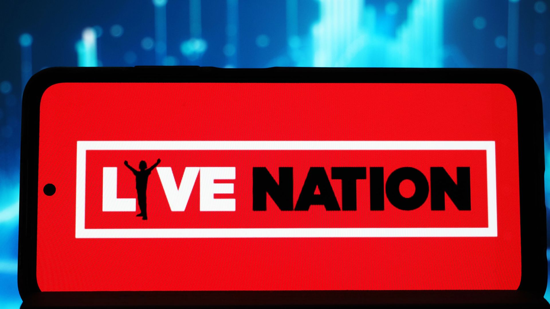 The Live Nation logo is displayed on a phone with a blue backdrop behind.