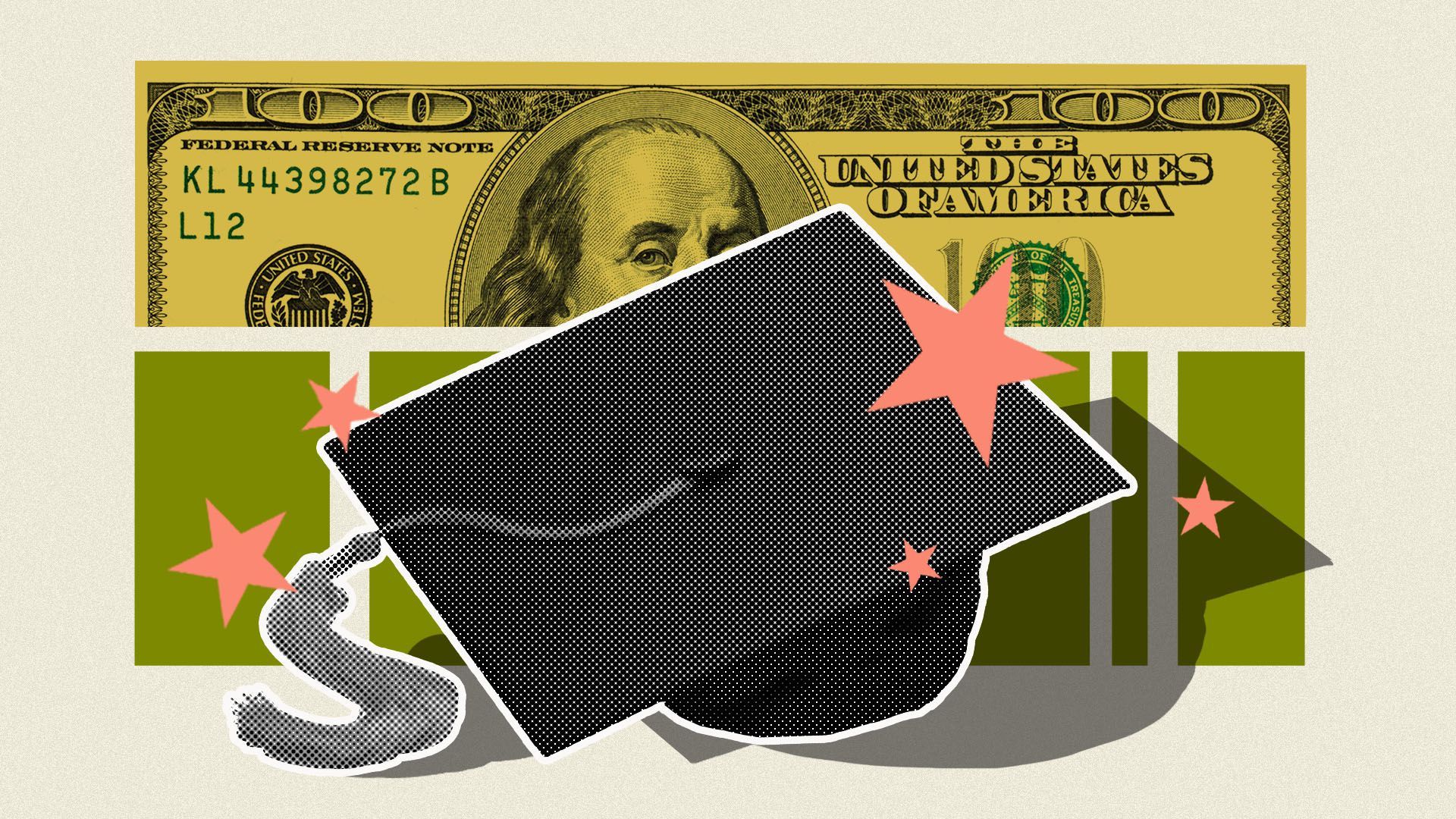 Illustration of a graduation cap surrounded by stars with a dollar in the background 