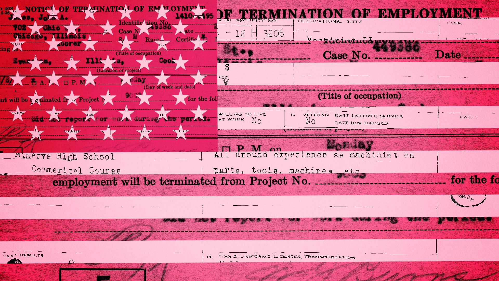 Illustration of an American flag made from pink slips. 
