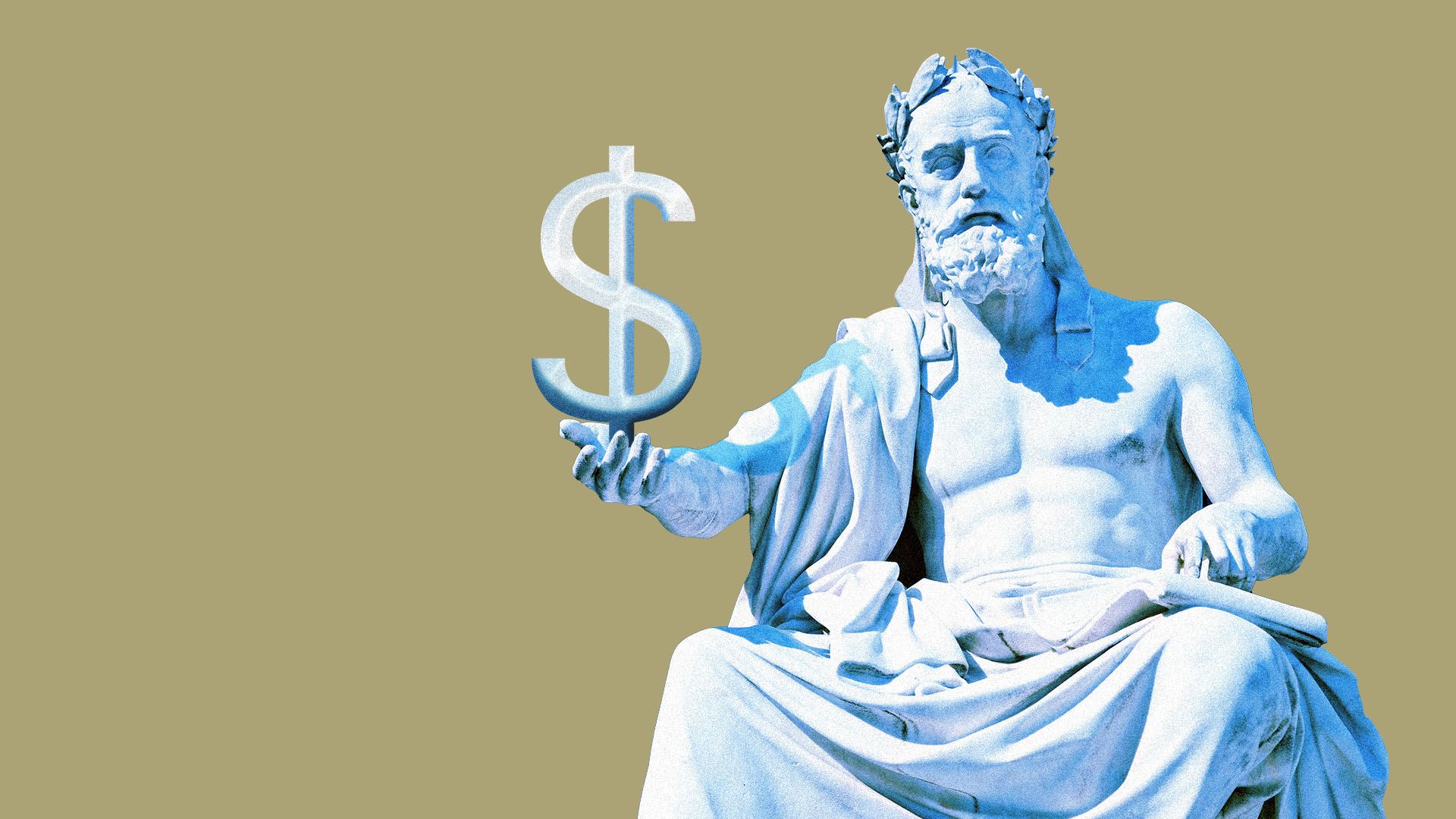 Illustration of the statue of the Greek historian and philosopher Xenophon holding a dollar sign.