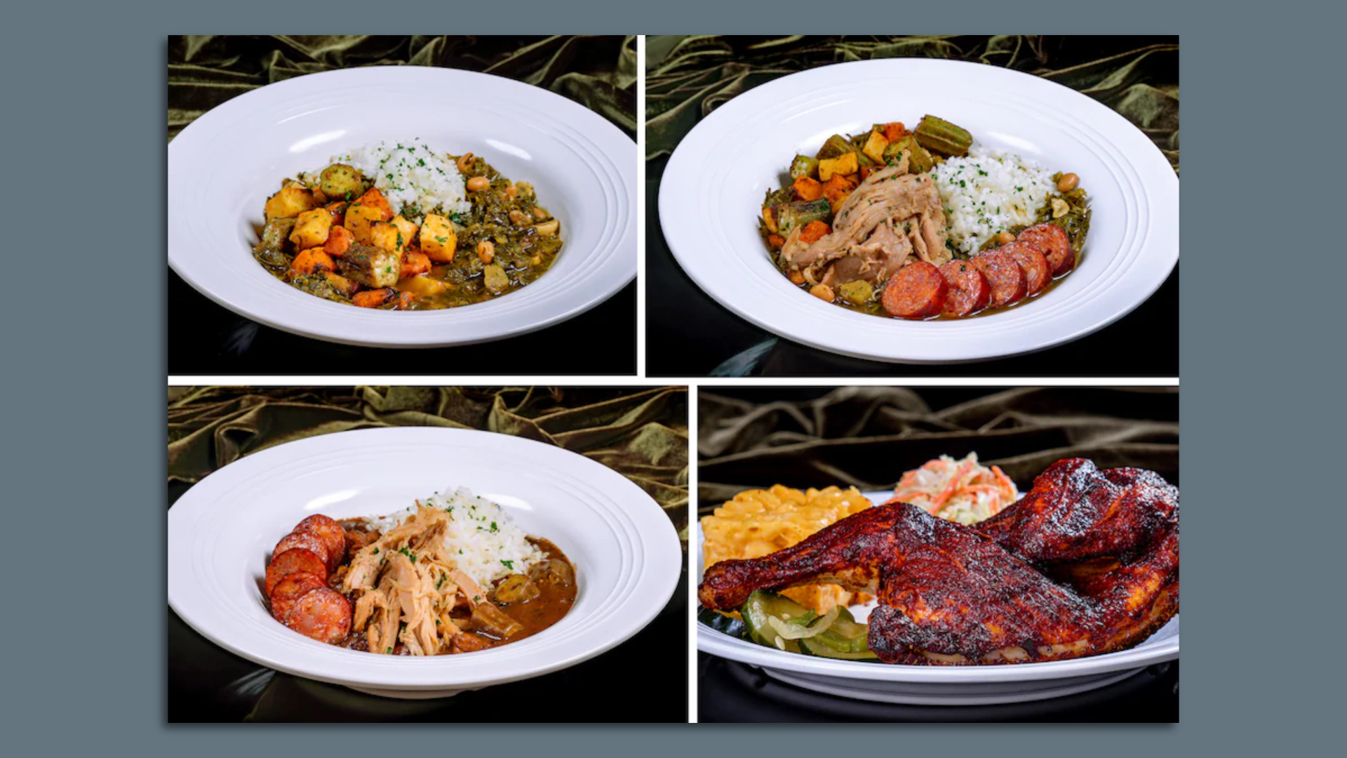 Photo shows four dishes at Tiana's Palace, including gumbo and roasted chicken