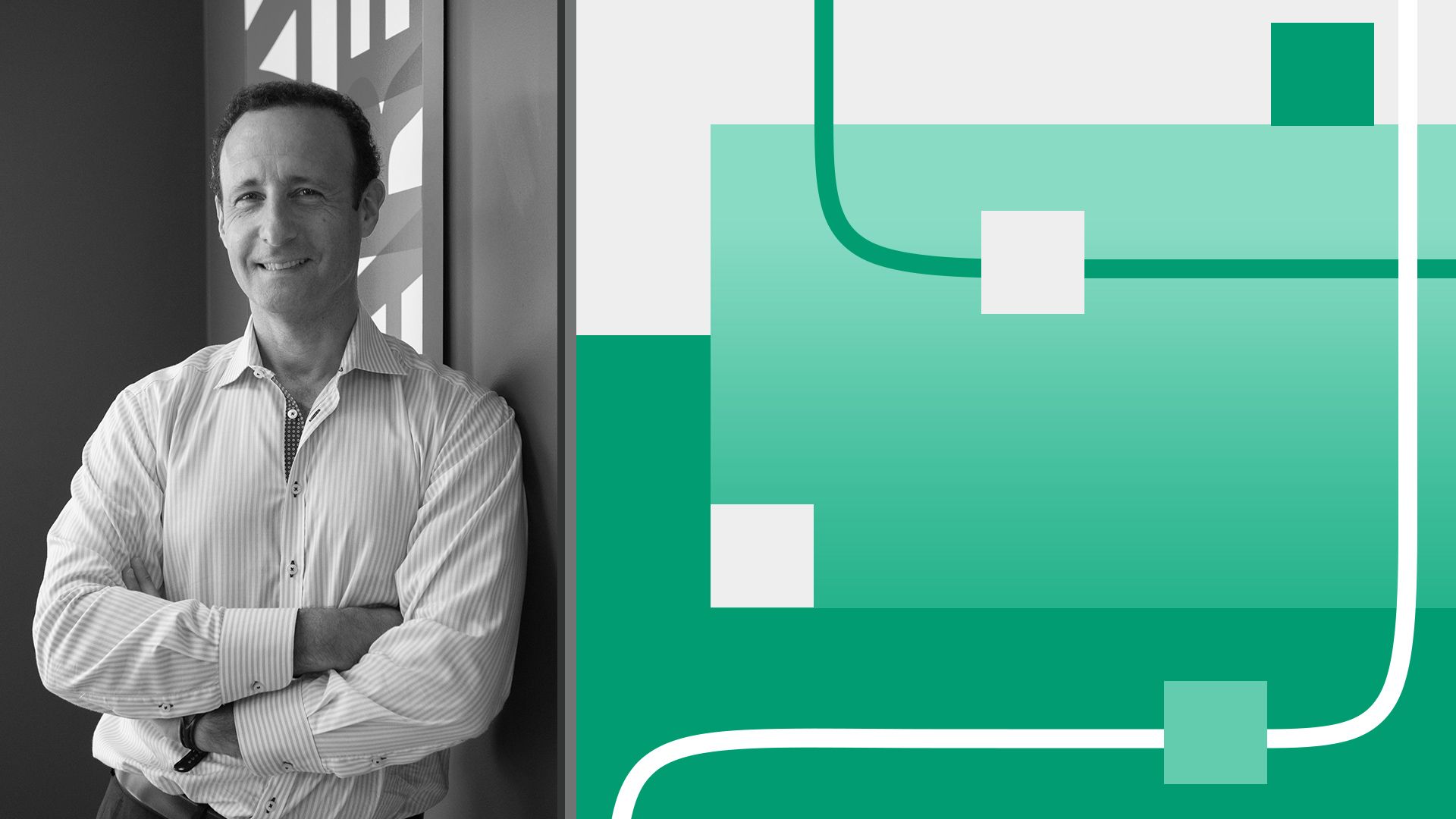 Photo illustration of David Ossop surrounded by abstract lines and squares. 