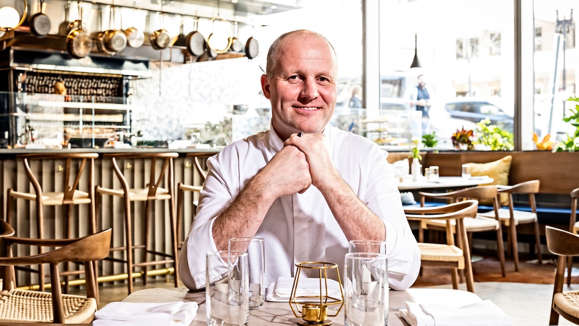 Chef Frederick De Pue in the dining room of his restaurant, The Henri, photographed April 2, 2022 in Washington, DC.