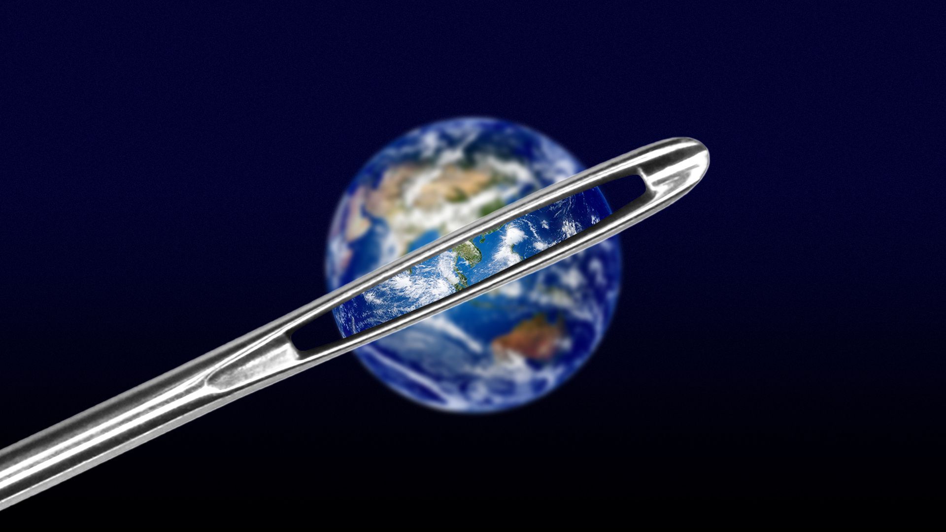 Illustration of the earth seen through the eye of a sewing needle