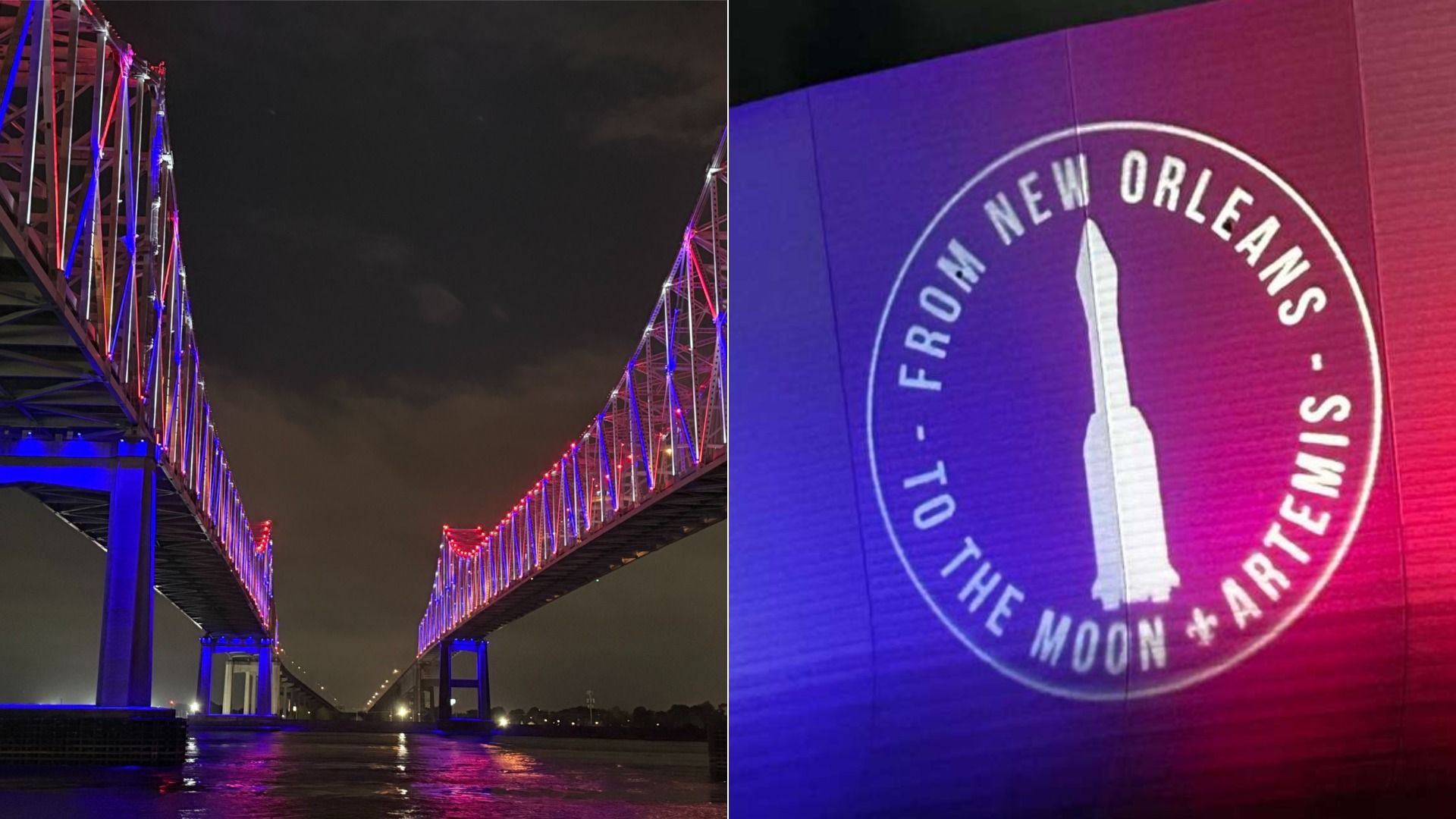 Night collage: left shows a blue and red-lit suspension bridge with wet reflections; right shows a wall projection of a white rocket and the text "From New Orleans to the Moon - Artemis".