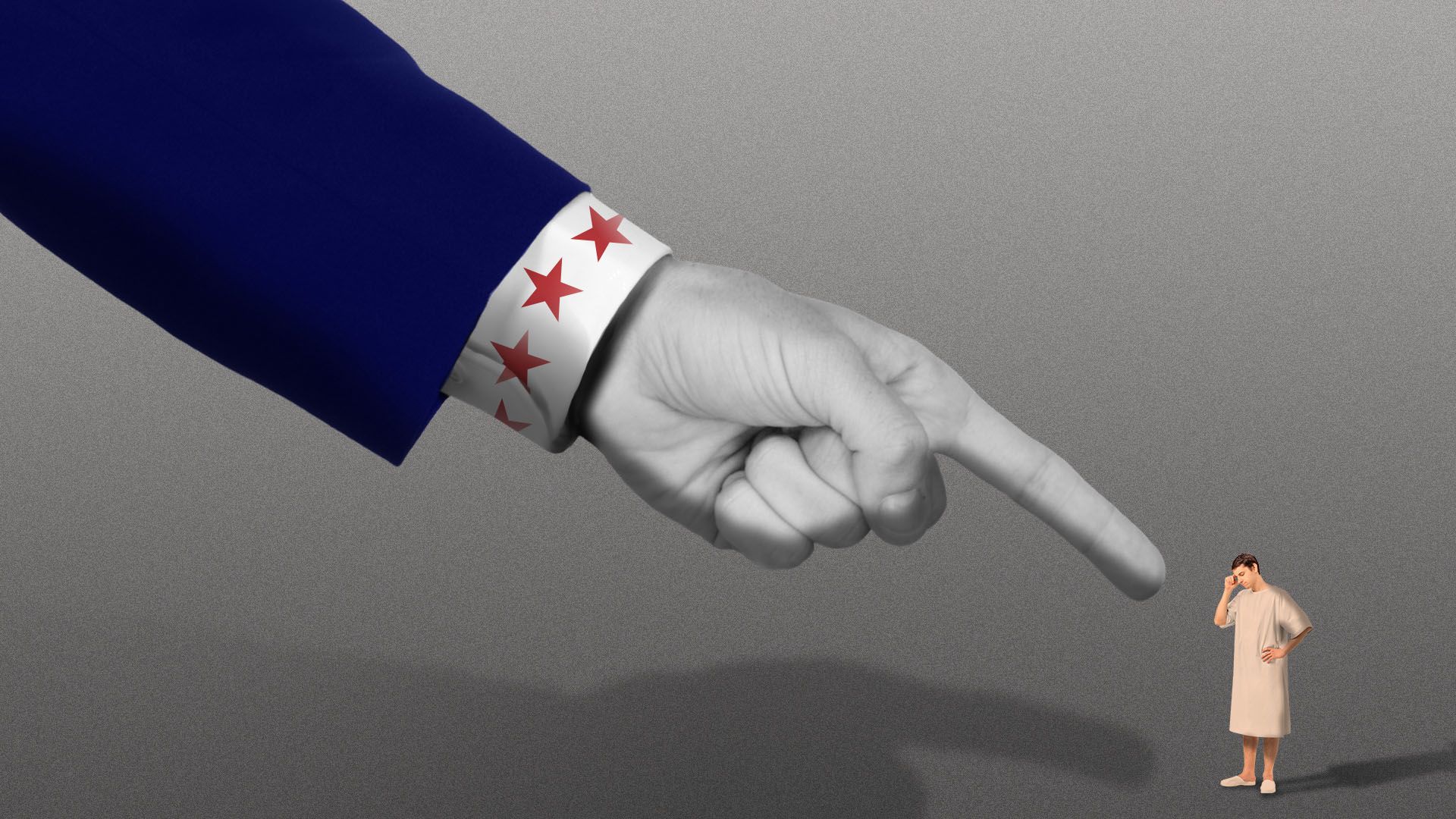 Illustration of an Uncle Sam hand pointing accusingly at a small man in a hospital gown
