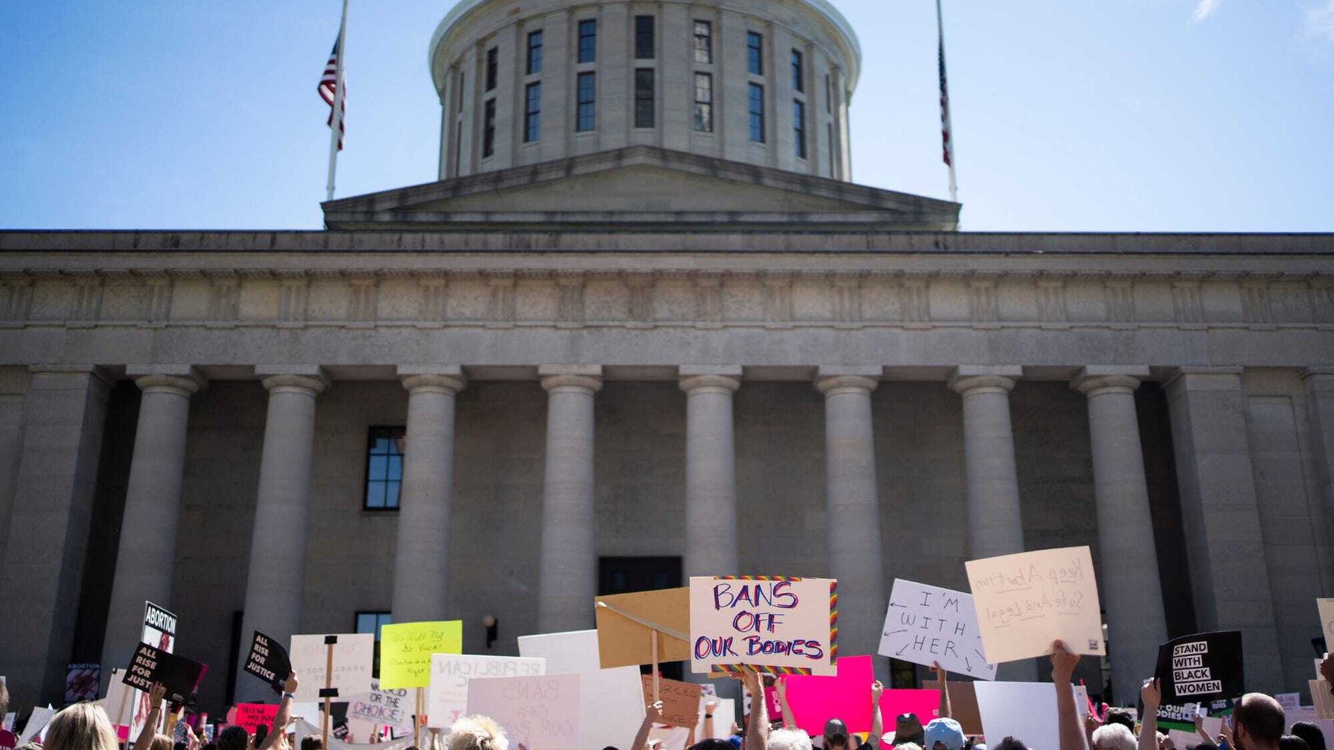 Protesters in front of the Ohio Statehouse. 