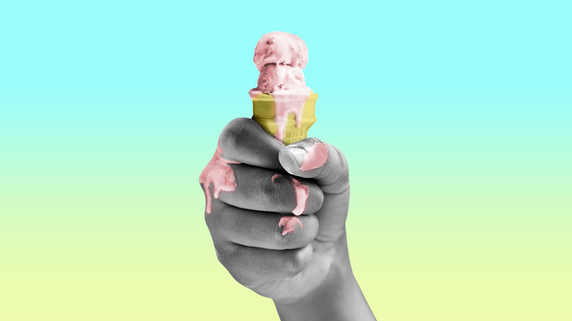 Illustration of a hand holding a tiny, melting ice cream cone