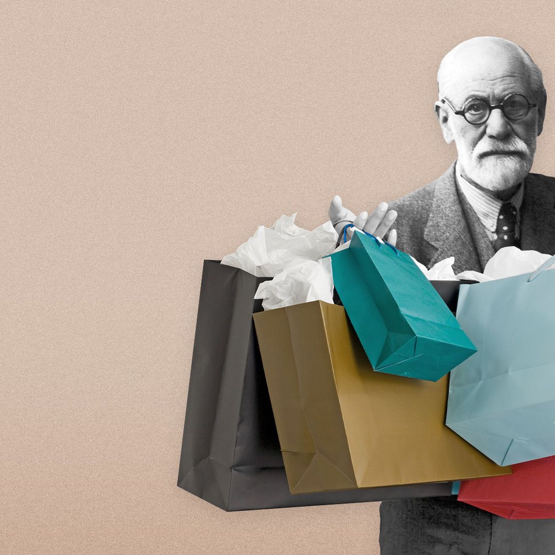Illustration of Sigmund Freud holding a collection of shopping bags.