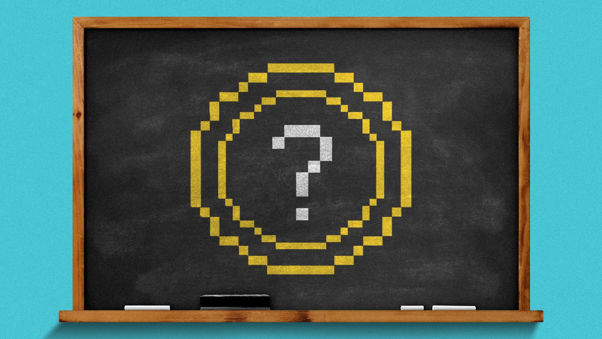 Illustration of a question mark within a pixel coin drawn on a chalkboard.