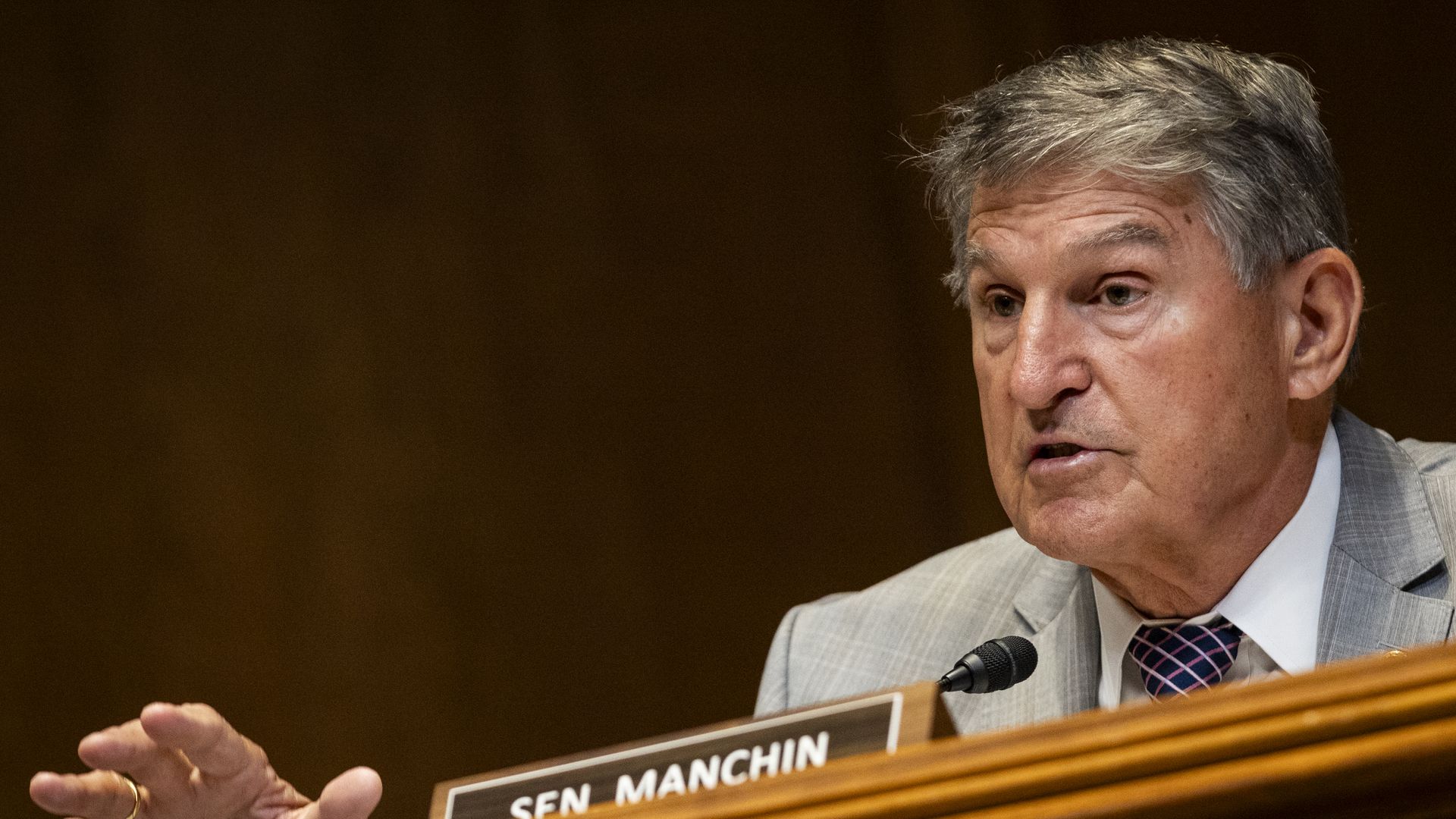 Joe Manchin (I-WV) questions FBI Director Christopher Wray during a Senate Appropriations Subcommittee hearing on the FBI's proposed budget for the 2025 fiscal year on June 4