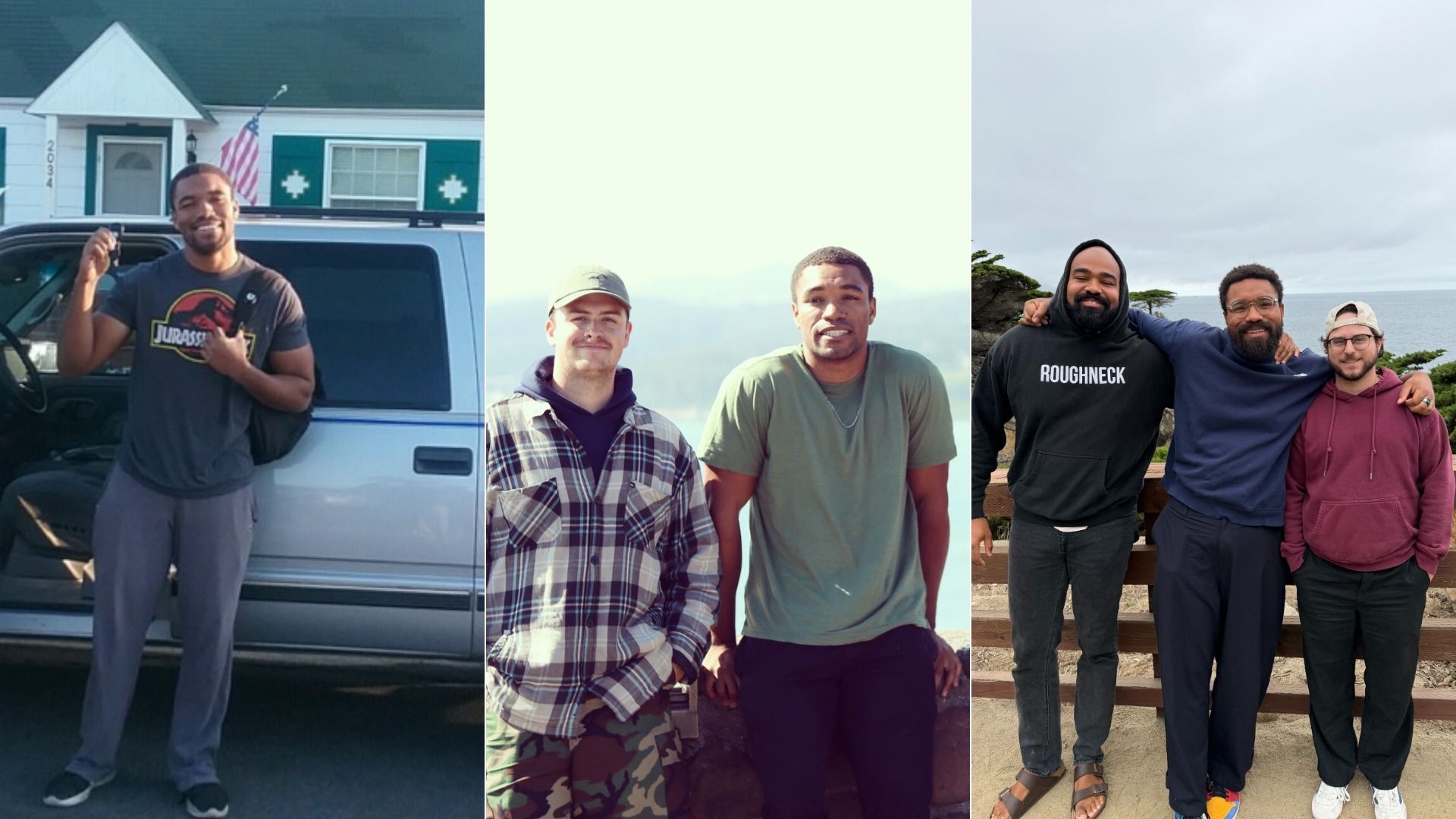Triptych of friends: left man in a gray Jurassic Park shirt beside a white van; middle two men outdoors in a plaid shirt and a green tee; right three men in hoodies on a coastal overlook.