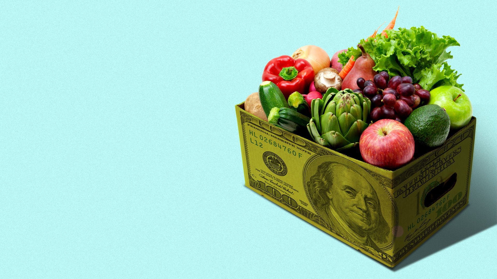 Illustration of a hundred dollar bill-shaped box filled with produce